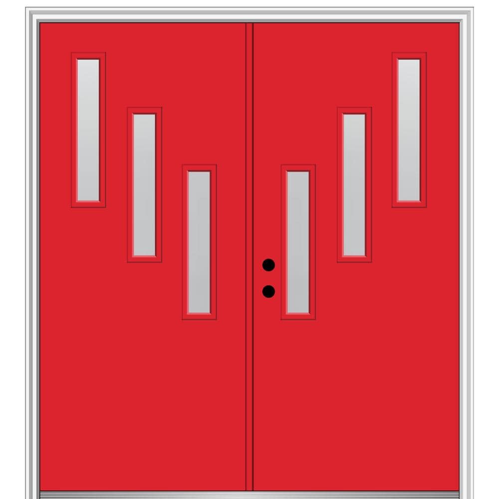 MMI DOOR ZZ347952R Spotlights 64-in x 80-in x 4-9/16-in Fiberglass Pulse lite Right-hand inswing Red Saffron Painted Prehung Double Front Door with Brickmould Insulating core