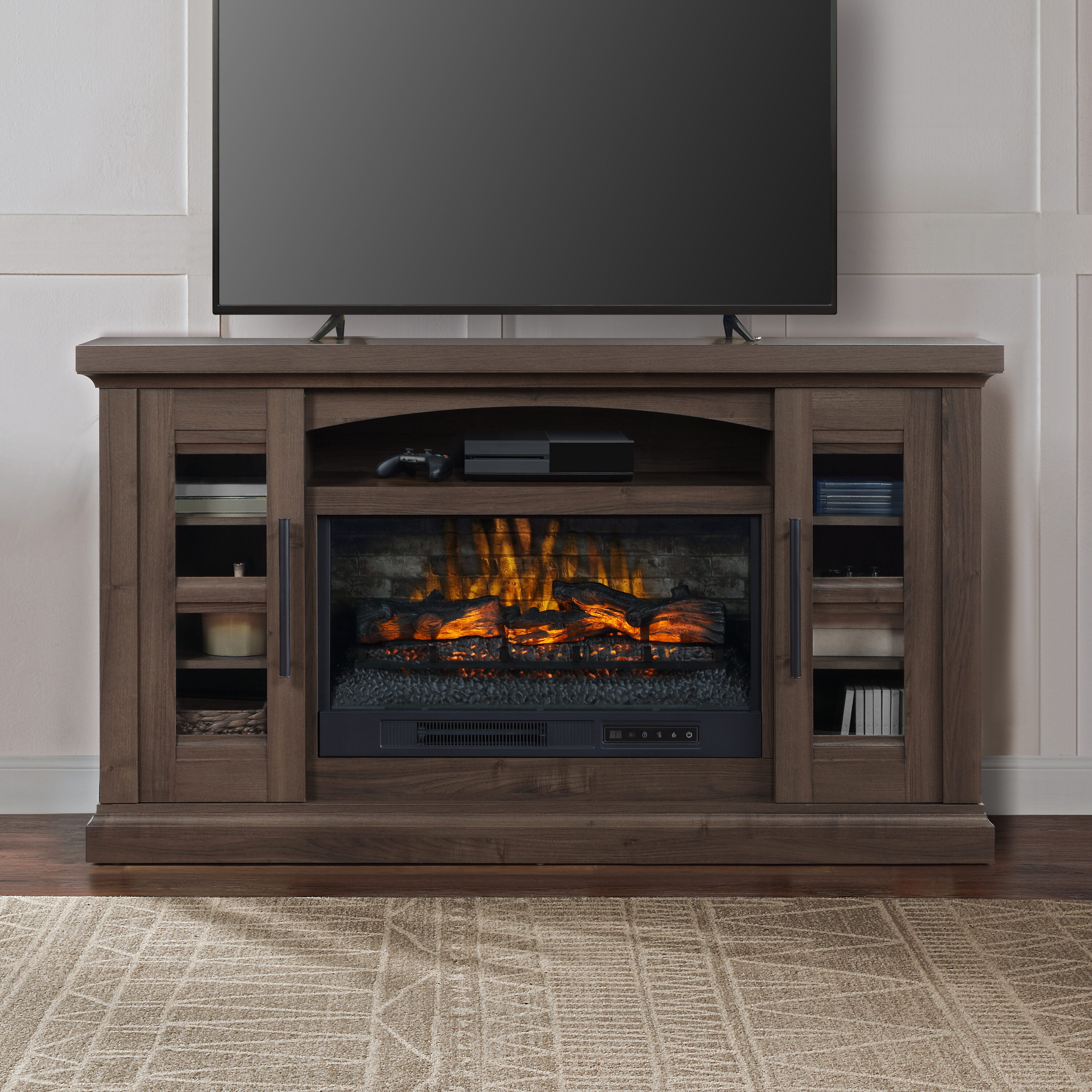 62-in W Brown TV Stand with Infrared Quartz Electric Fireplace | - allen + roth LWFP62-8
