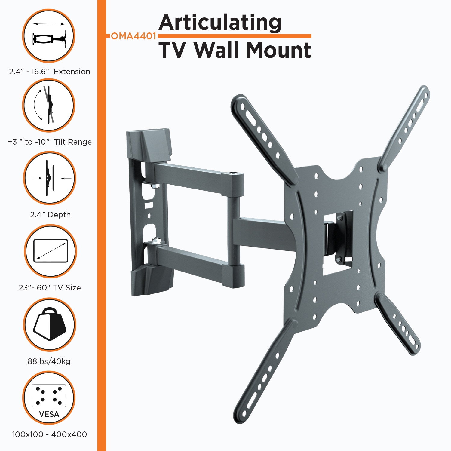 ProMounts Full Motion Black Steel TV Wall Mount for 23"-60" TVs