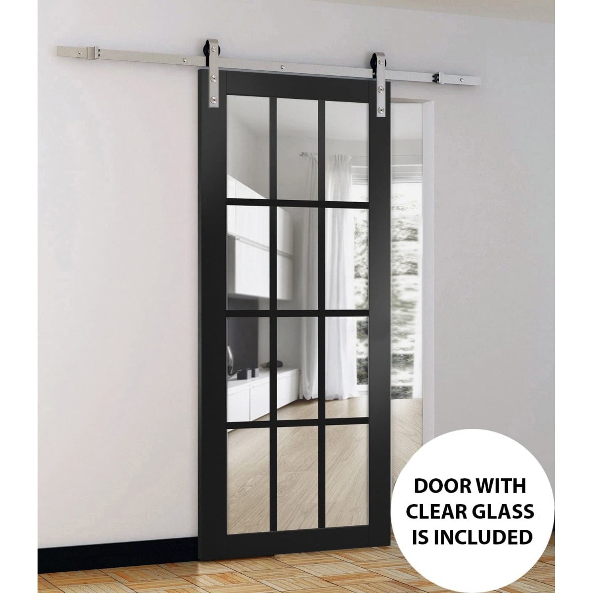 SARTODOORS 36-in x 80-in Black Matte Clear Glass Wood Solid Core Double ...