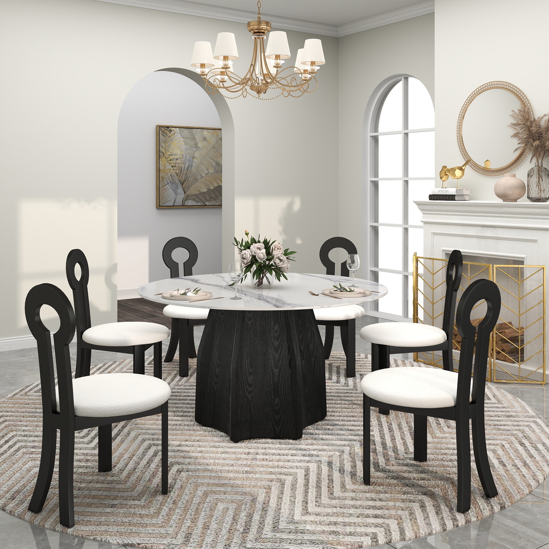BuotiqHom DH-AT-135W-7B 53 in. White Round Farmhouse Dining Table, Ceramic with Painted Metal Pedestal Base 53-in L x 29.5-in H