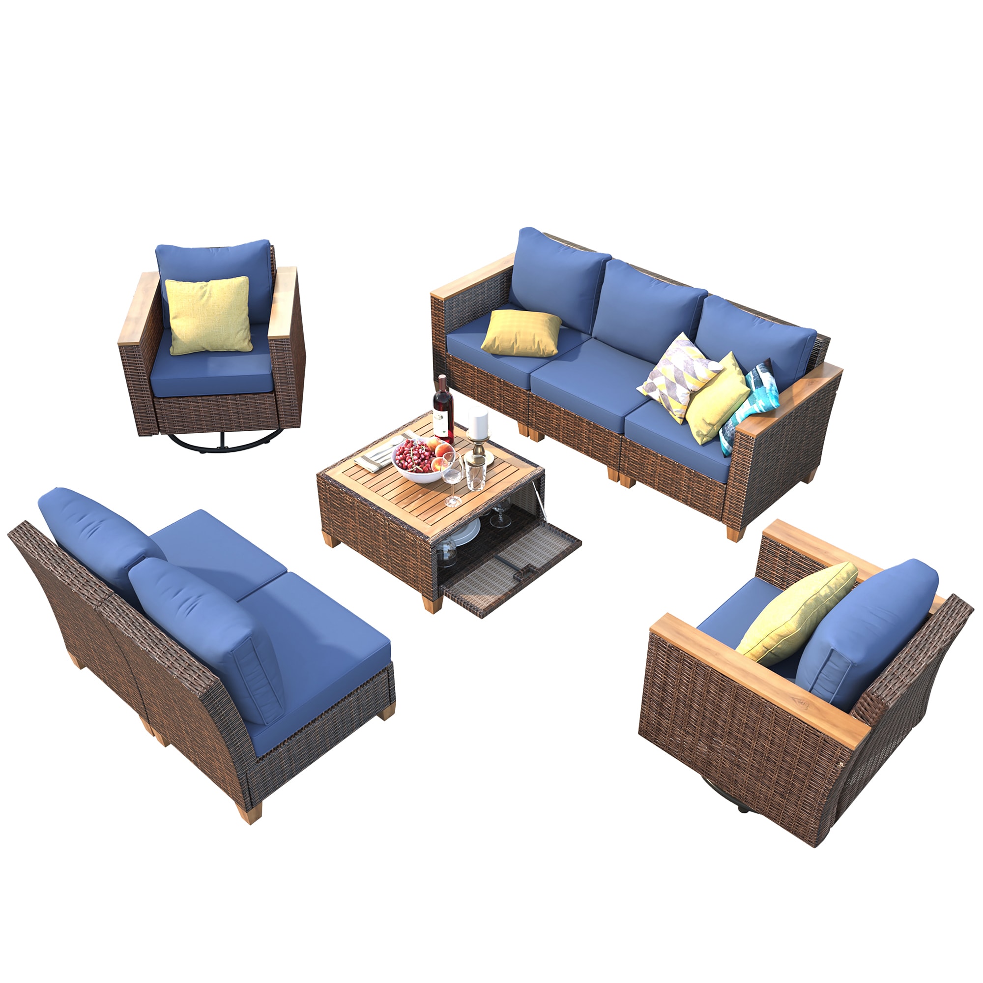 SINOFURN SYB260079BL Wicker Outdoor Sectional with Blue Cushions and Wicker Frame