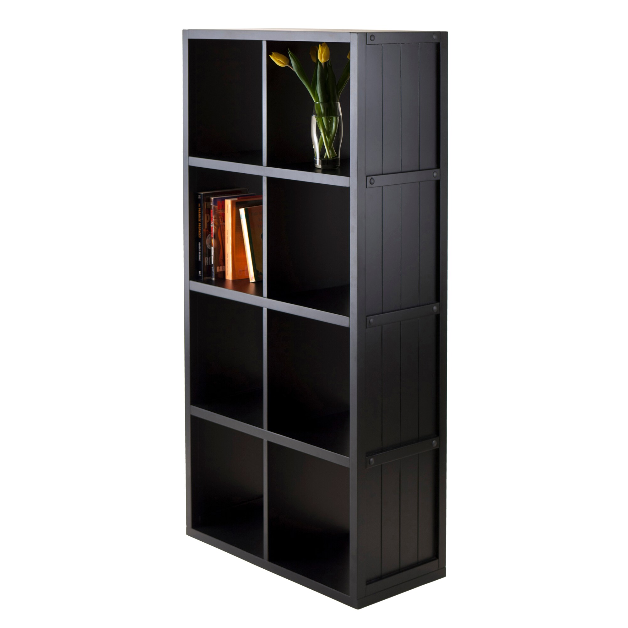 53" Black Wood Transitional 4x2 Cube Shelf with Wainscoting Panels