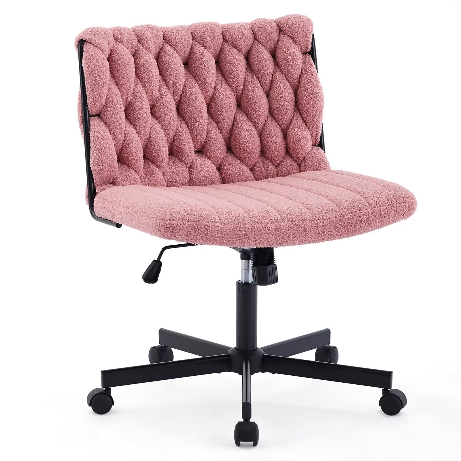 Qeetex JXNAG-PHO-16KXNKL5 Criss Cross Chair with Wheels Wide Seat Home Office Desk Chair Armless Makeup Vanity Chair Modern Cross Legged Swivel Comfy Chair Computer Task Chair for Home Office-Pink