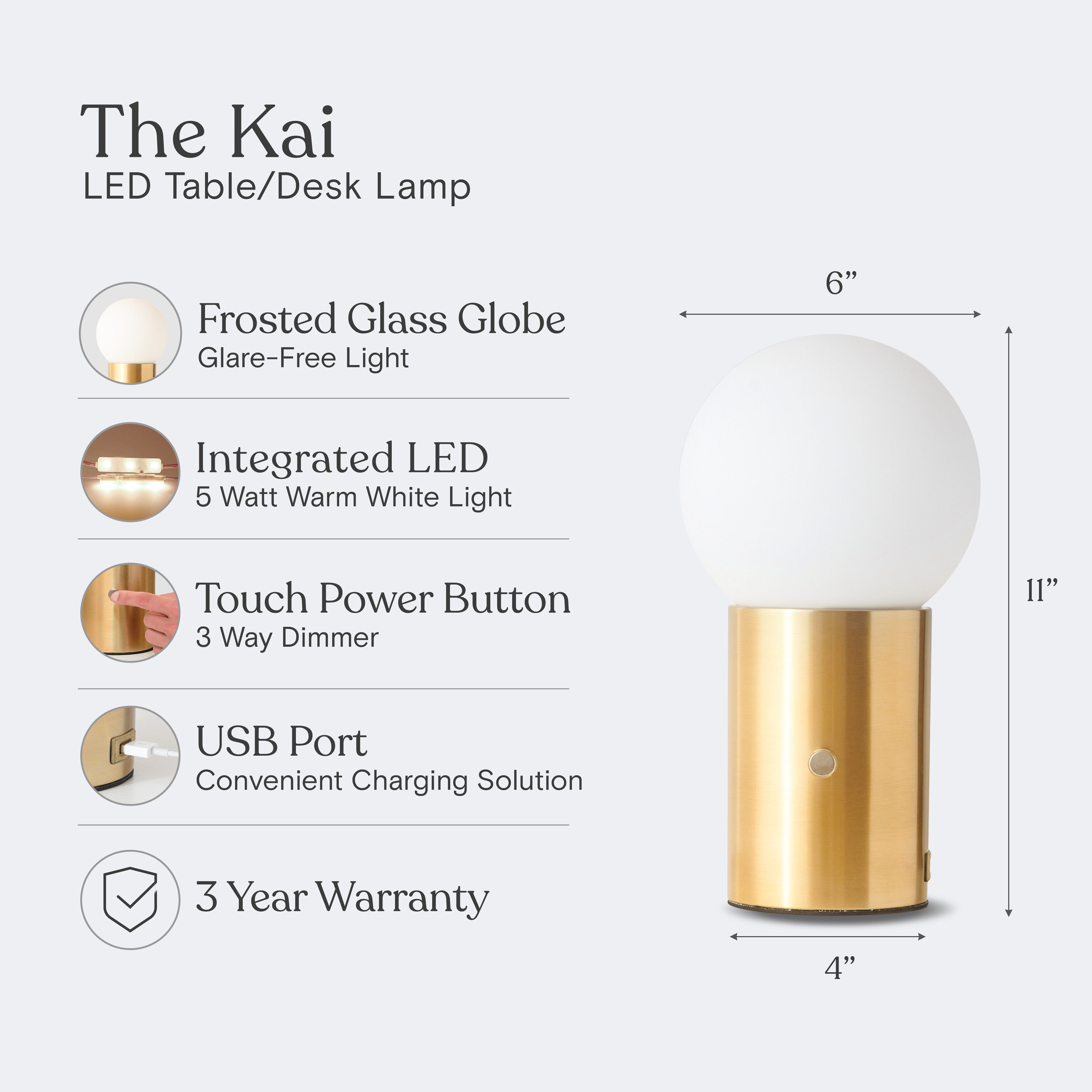 Kai 11" Antique Brass Globe Table Lamp with USB Port