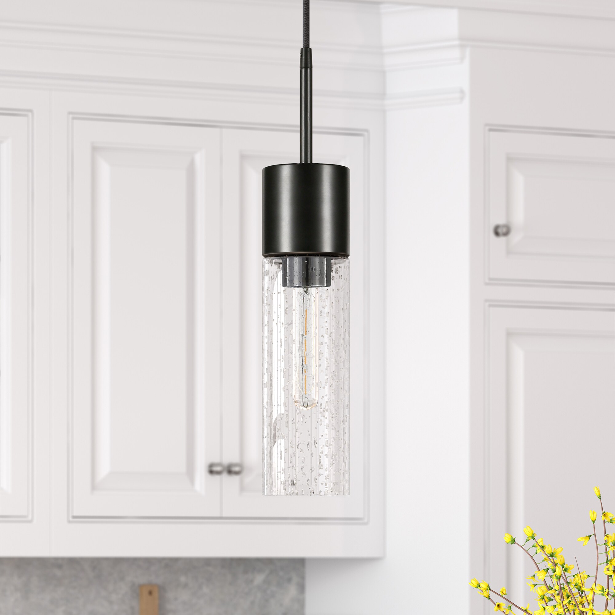 Hailey Home PD0582 Lance Blackened Steel Transitional Stained glass Drum Medium Hanging Pendant light