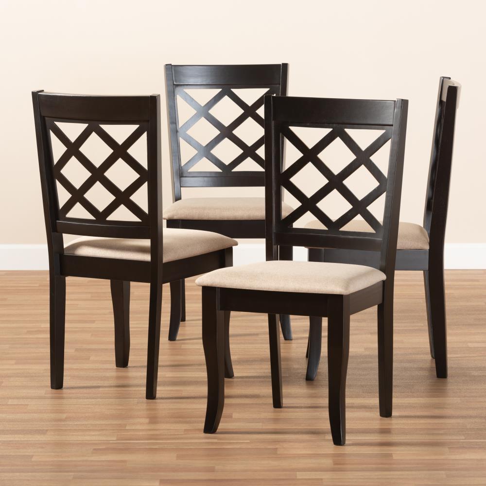 Espresso Brown Oak Wood & Sand Linen Upholstered Parsons Side Chair