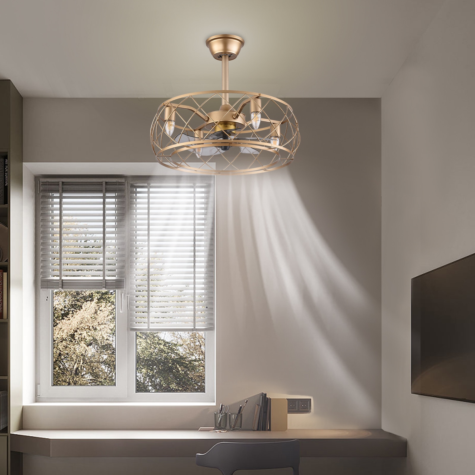 20" Gold Aluminum Caged Ceiling Fan with LED Light and Remote