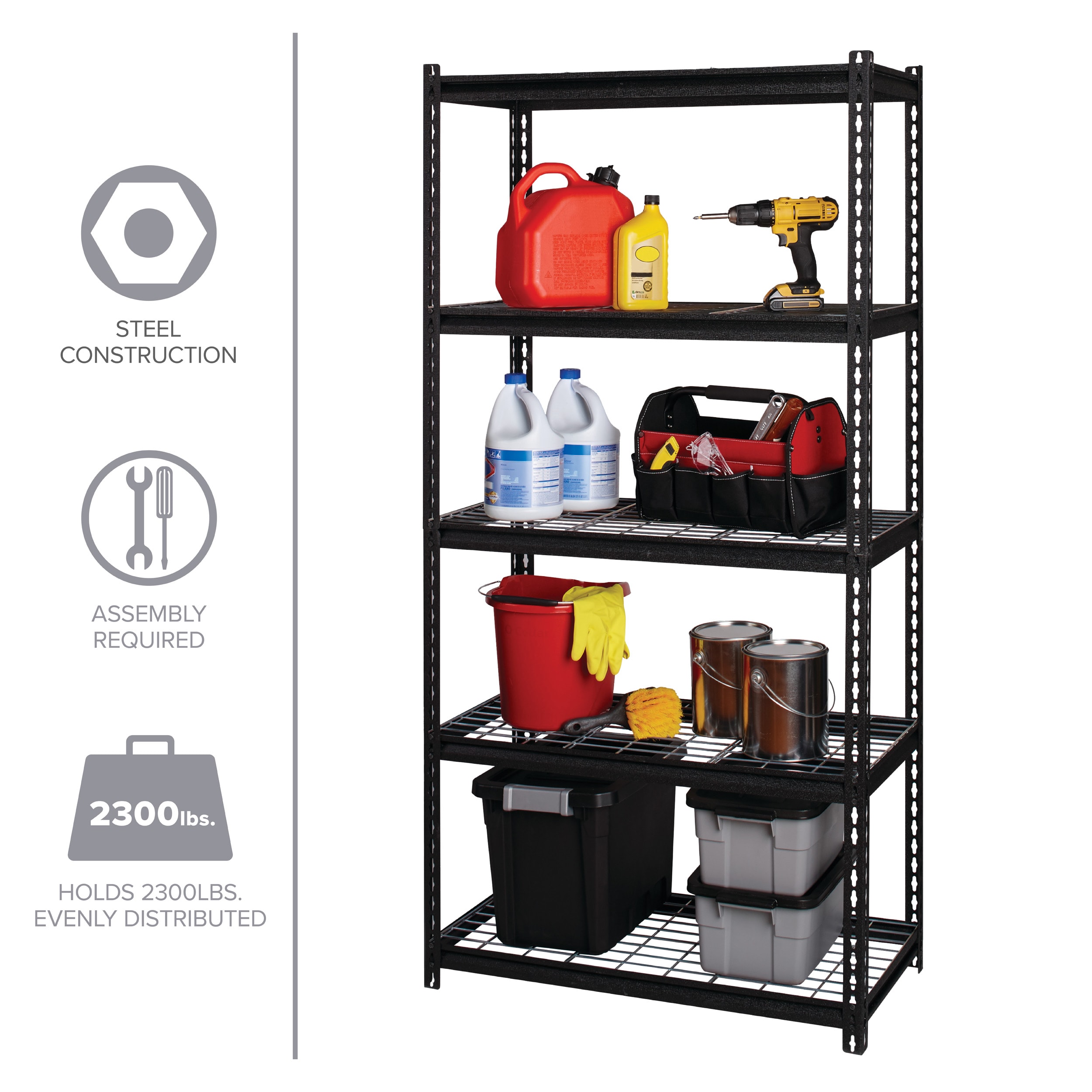 Riveted Steel 5-Shelf Adjustable Wire Deck Shelving, 72"H x 36"W x 18"D, Black