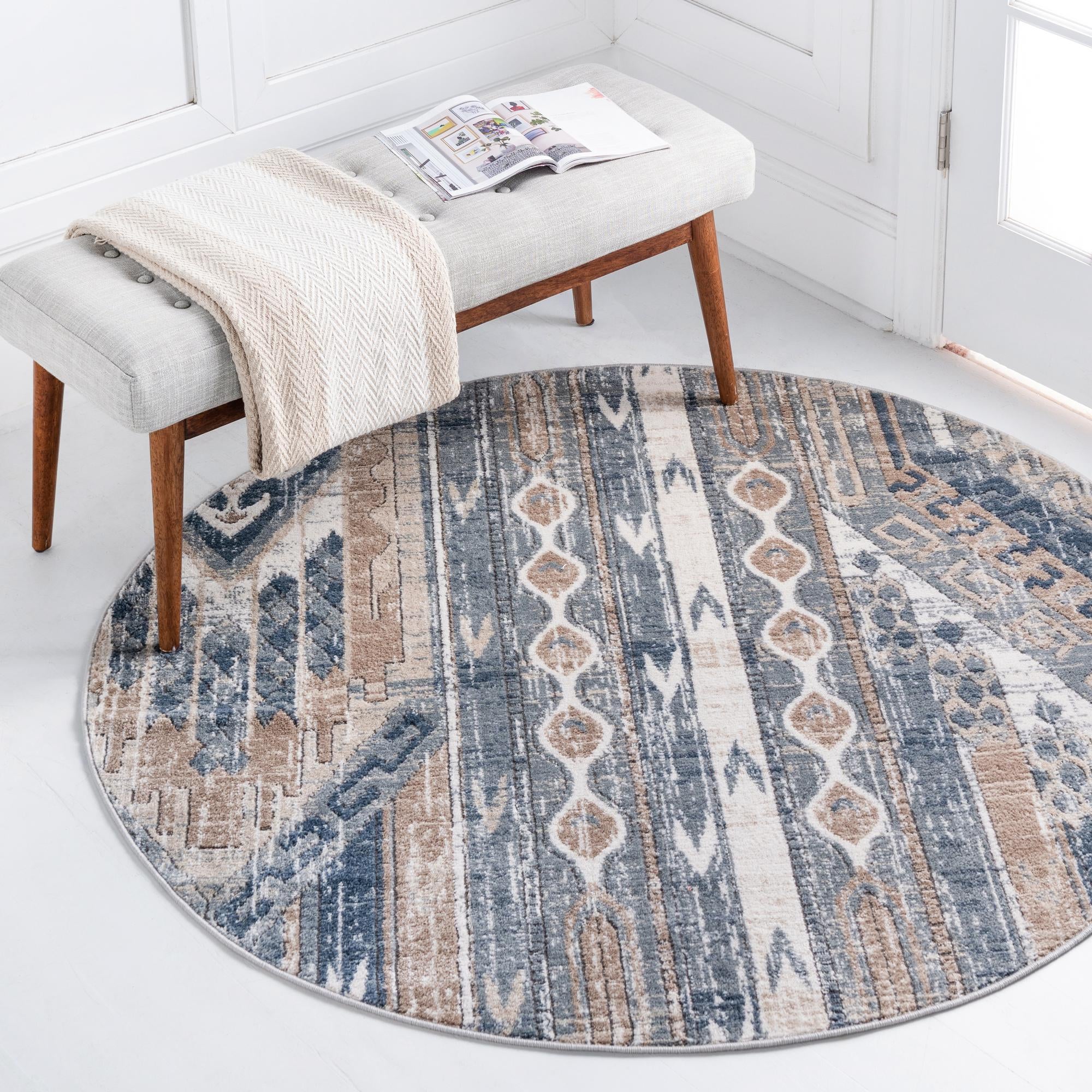 Unique Loom 3147123 Portland 3 x 3 (ft) Loomed Polypropylene Navy Blue Round Indoor Stripe Area rug