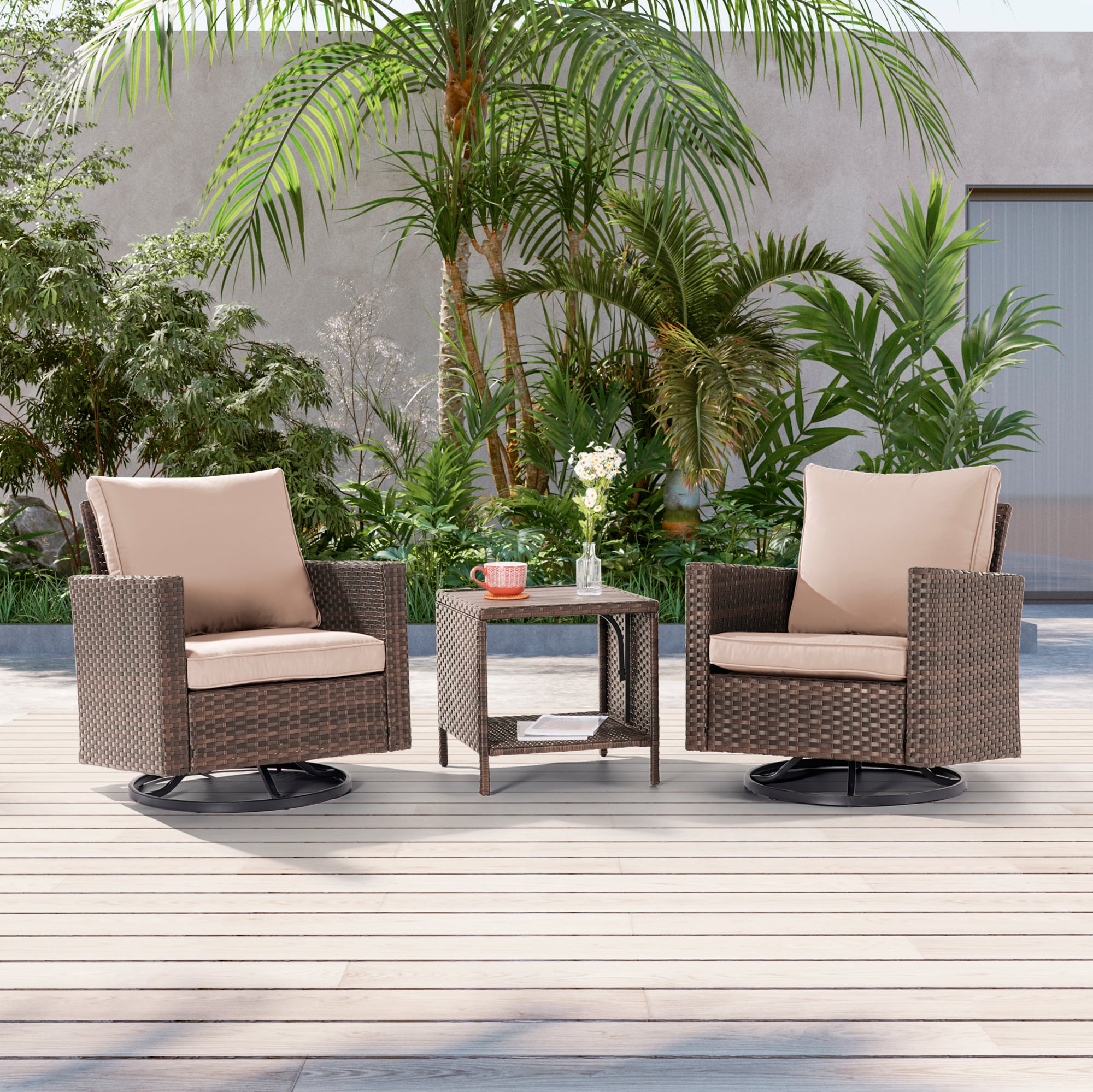 Sonkuki SD-PS2R-BSD-T3 Patio Conversation Set 3 -Piece Wicker Patio Conversation Set with Beige Cushions