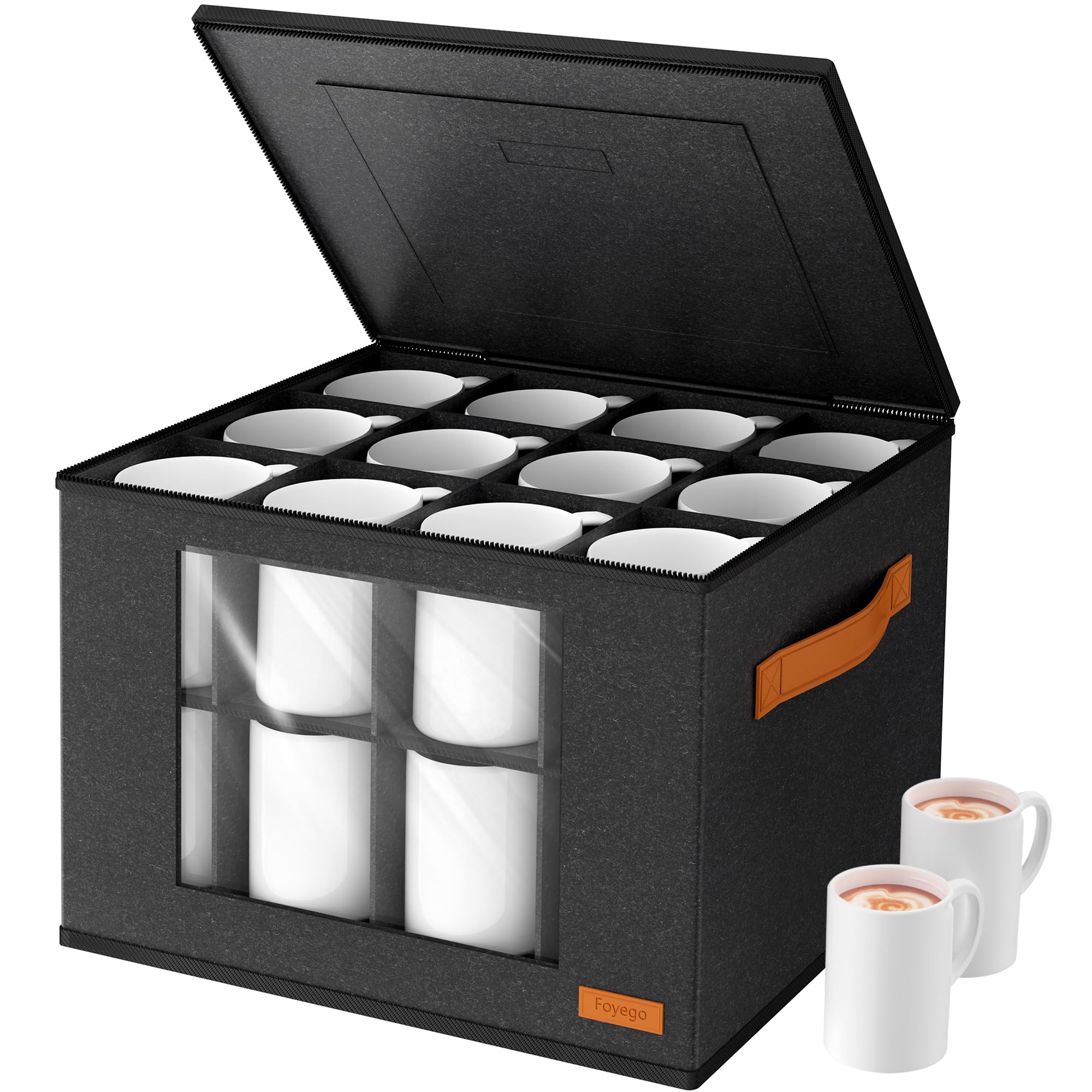 Misopily  2 Layer Coffee Mug Storage Box with Dividers Holds 24 Mugs Cups or Glasses Stackable Felt Organizer with Zipper Lid and Handles Dark Grey 1 Piece