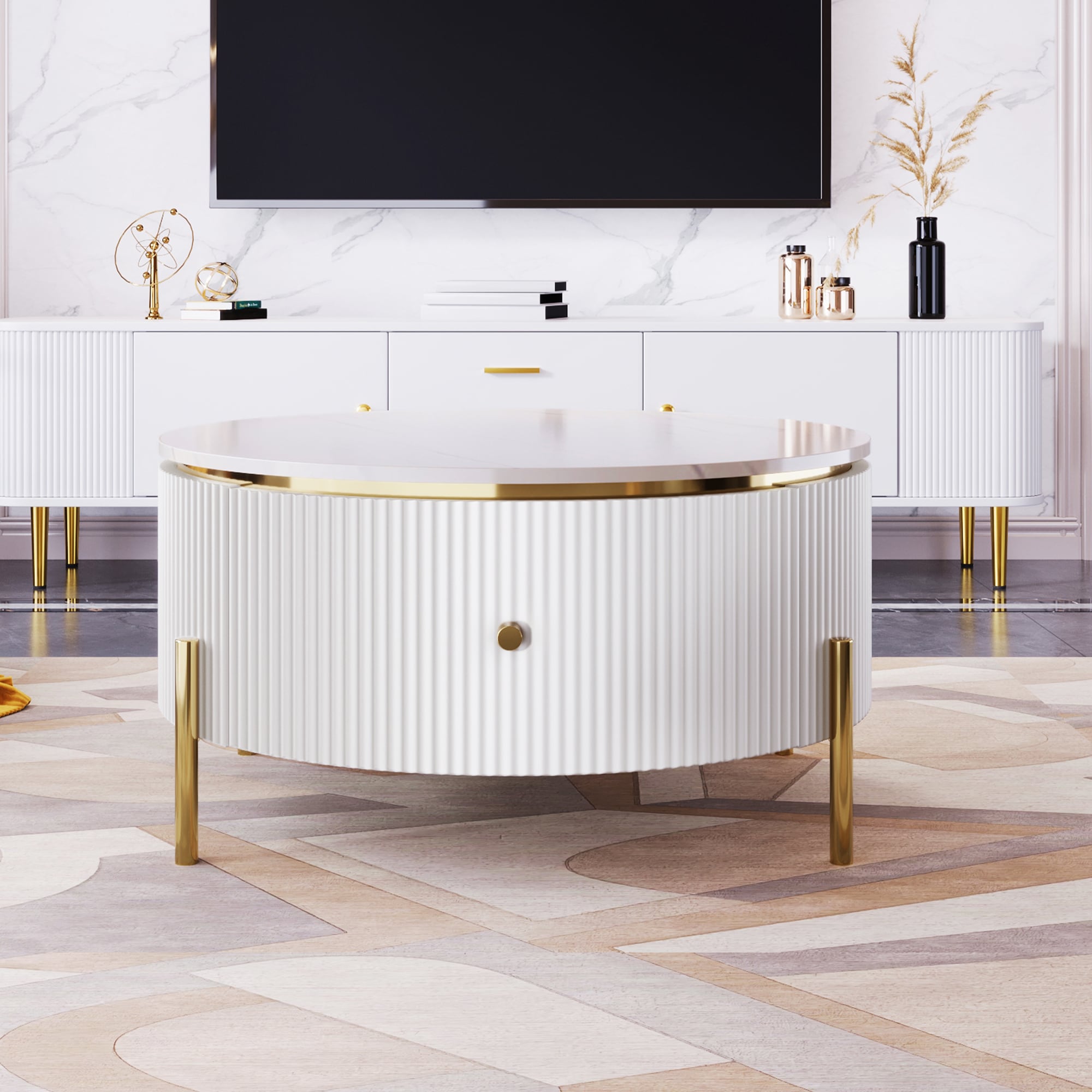 Assembly Required Modern Round Coffee Table with 2 large Drawers Storage Accent Table(31.5inch)
