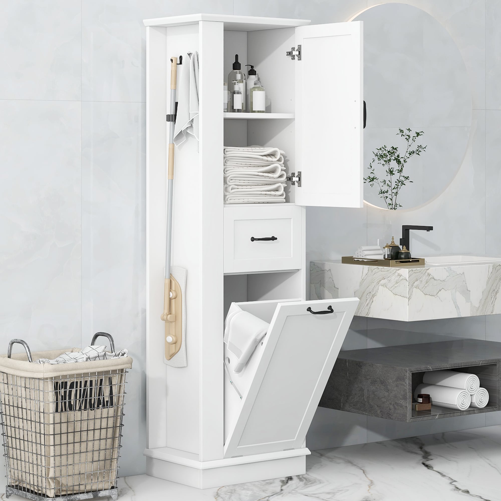 Dimakai White Modern Tall Storage Cabinet Tilt Out Compartment Adjustable Shelves 80 LBS Capacity Soft Close Hinges