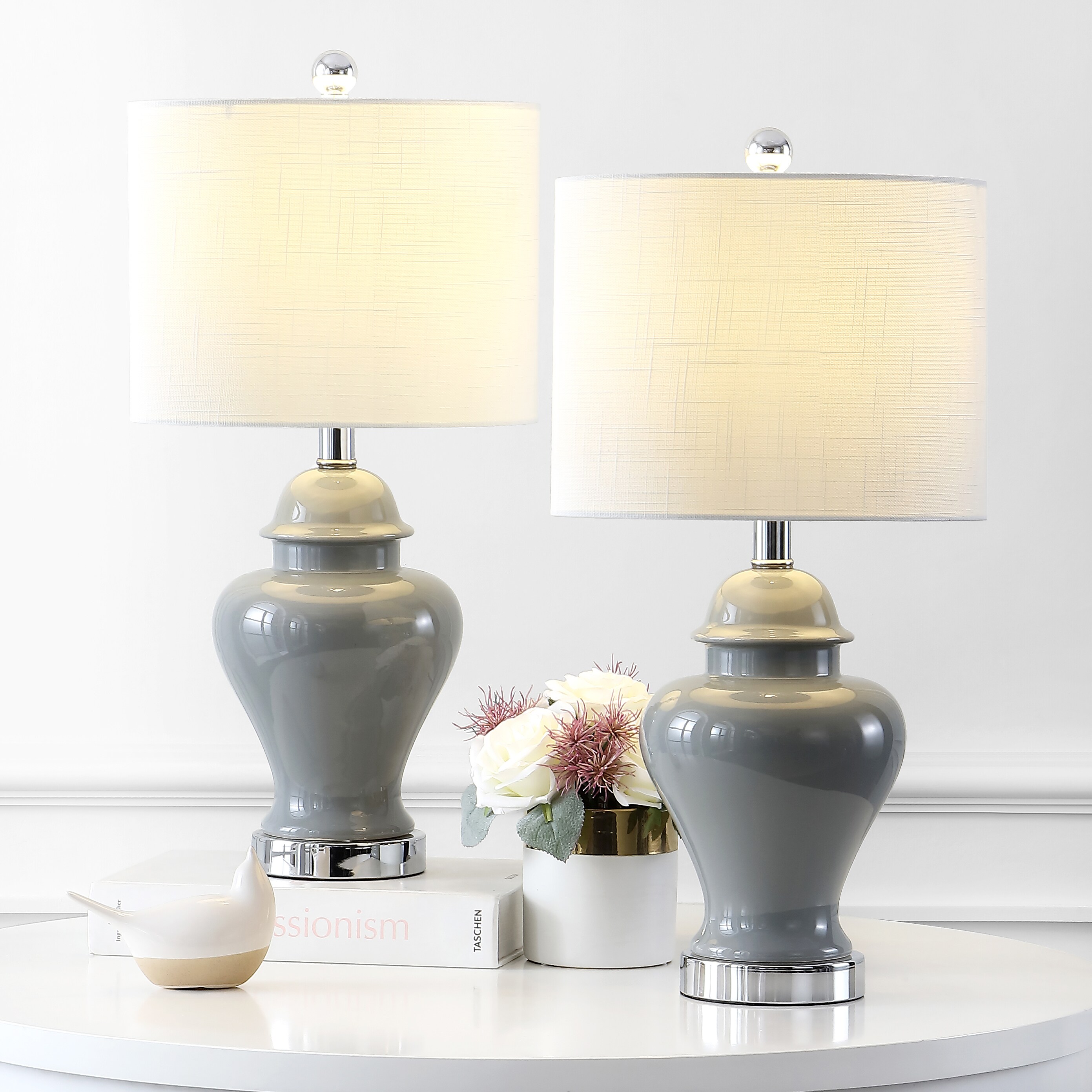 JONATHAN  Y JYL6602B-SET2 Qin Chinoiserie Cottage Ceramic/Iron Ginger Jar 22-in Gray LED Incandescent On/Off switch Table Lamp with Linen Shade