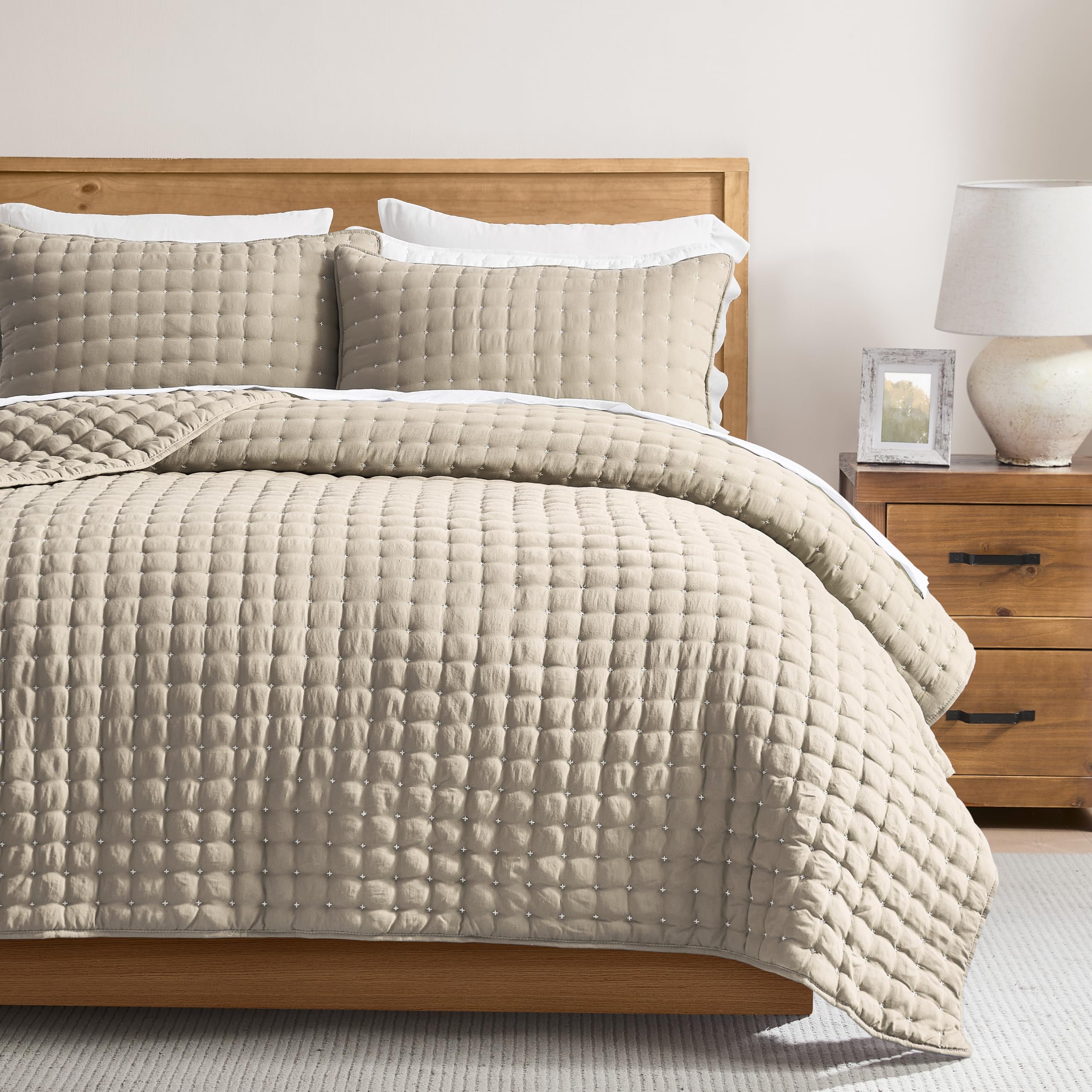 WZKZLH Deep Beige Queen Quilt Bedding Set 3 Pieces Lightweight Soft All Season Breathable Easy Care
