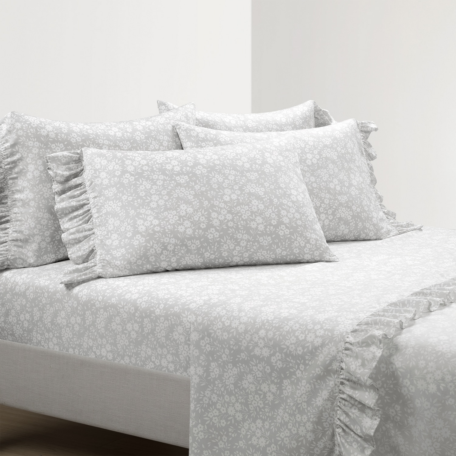 Gray Floral Microfiber Twin XL Ruffle Sheet Set