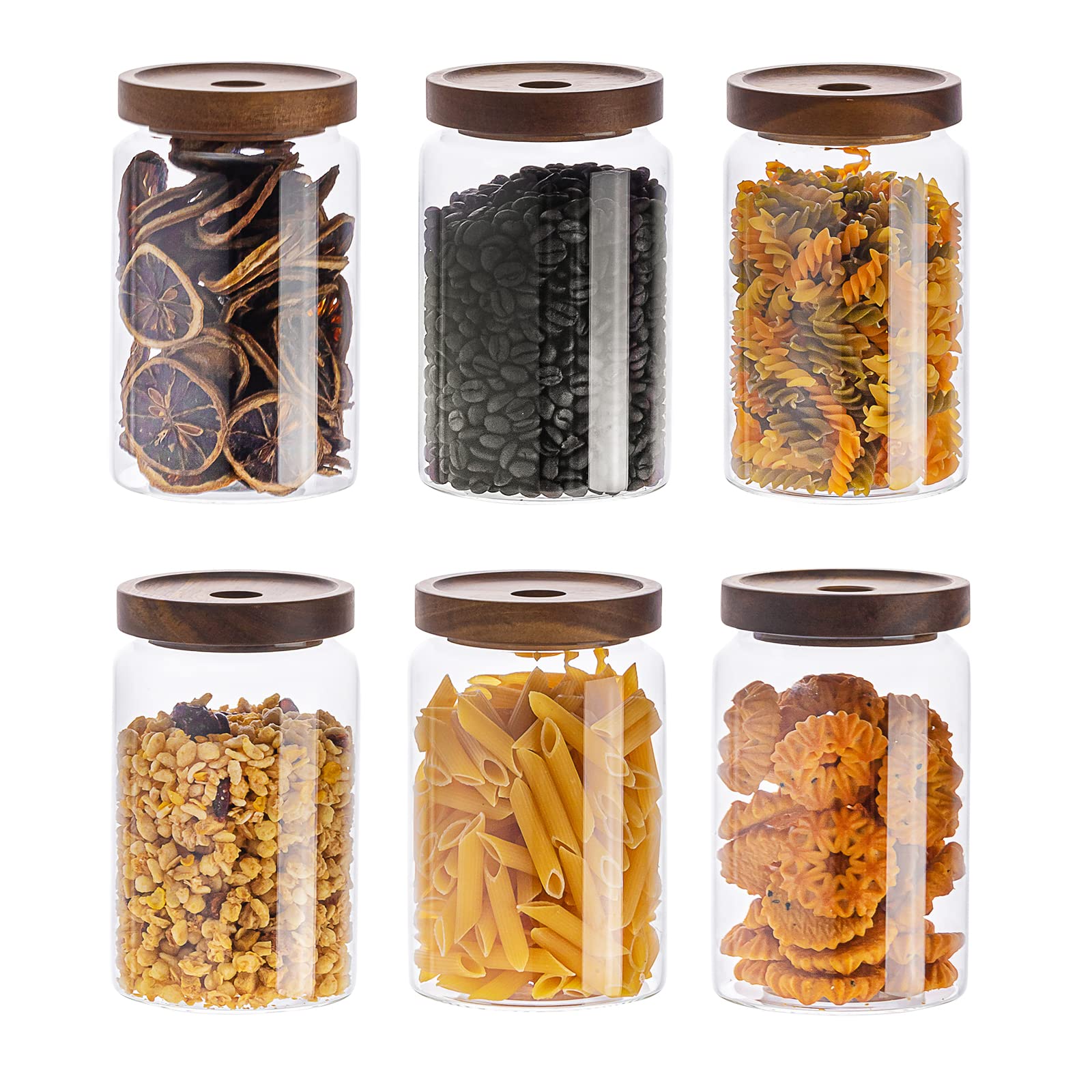 DHMHD  Glass Food Storage Containers Set of 6 with Airtight Bamboo Lids Clear Jars for Kitchen Pantry Flour Sugar Tea Coffee Snacks