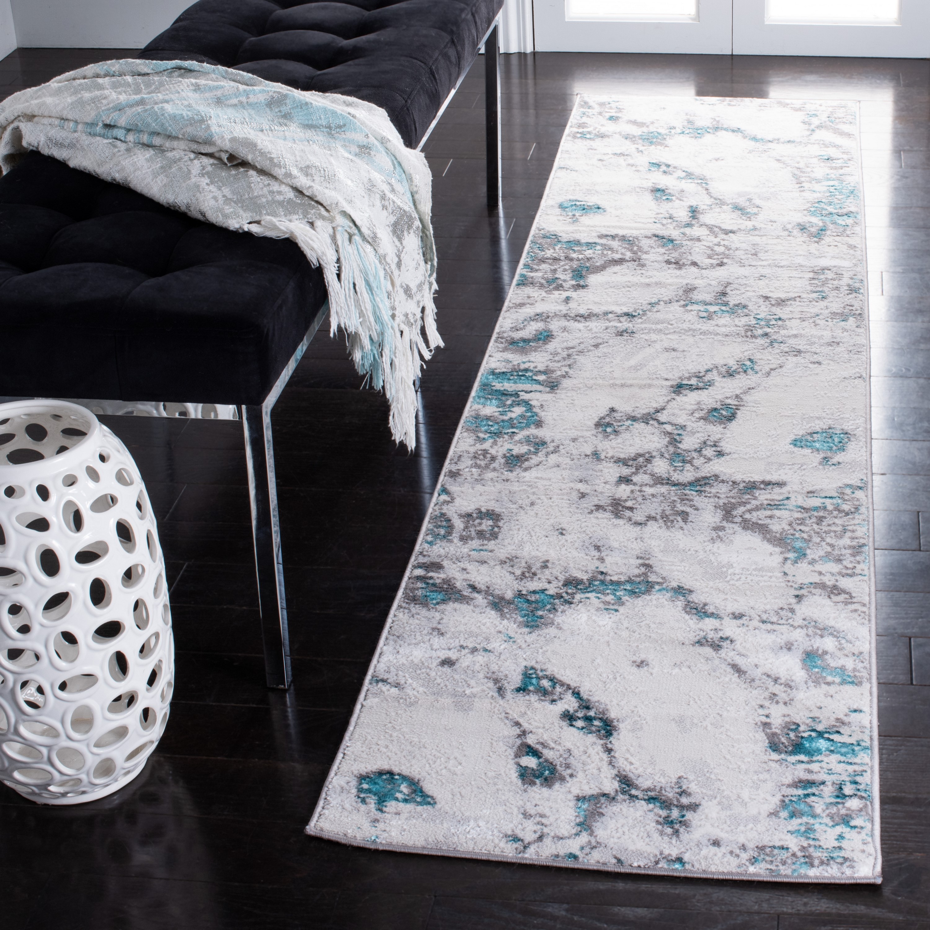 Safavieh ALA232H-28 Amelia Ayten 2 x 8 (ft) Loomed Synthetic Gray/Turquoise Rectangular Indoor Distressed/Overdyed Mid-Century Modern Runner rug