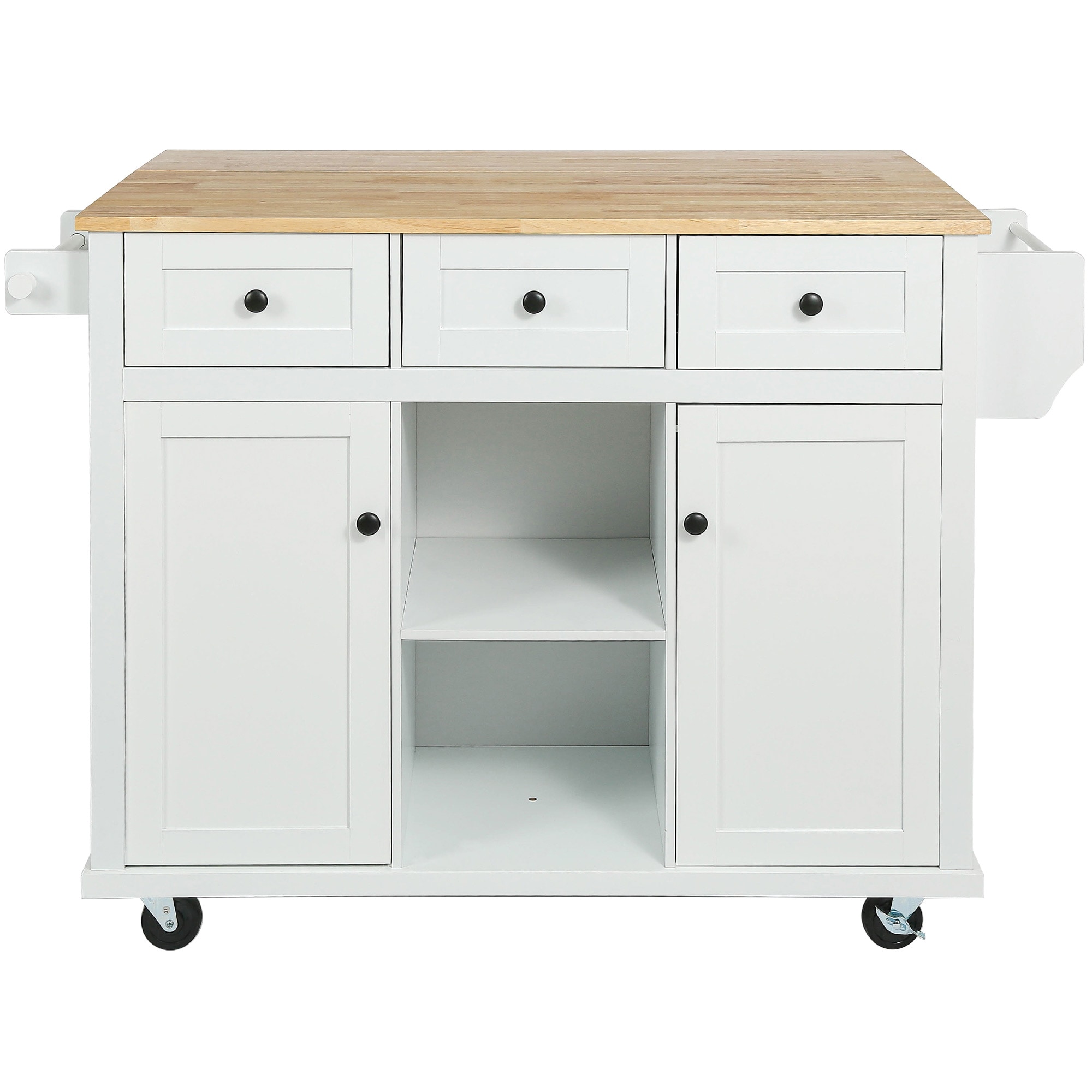Bybafun YB2600132 White MDF Base with Wood Wood Top Rolling Kitchen Island ( 29.5-Inches x 53.1-Inches x 37.2-Inches )