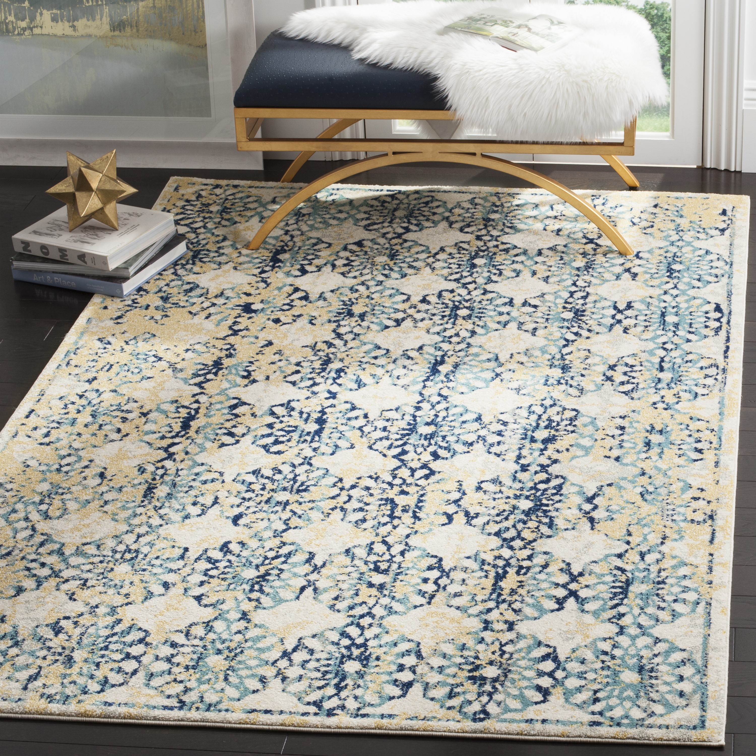 Evoke Blue and Ivory Floral Distressed 9' x 12' Area Rug