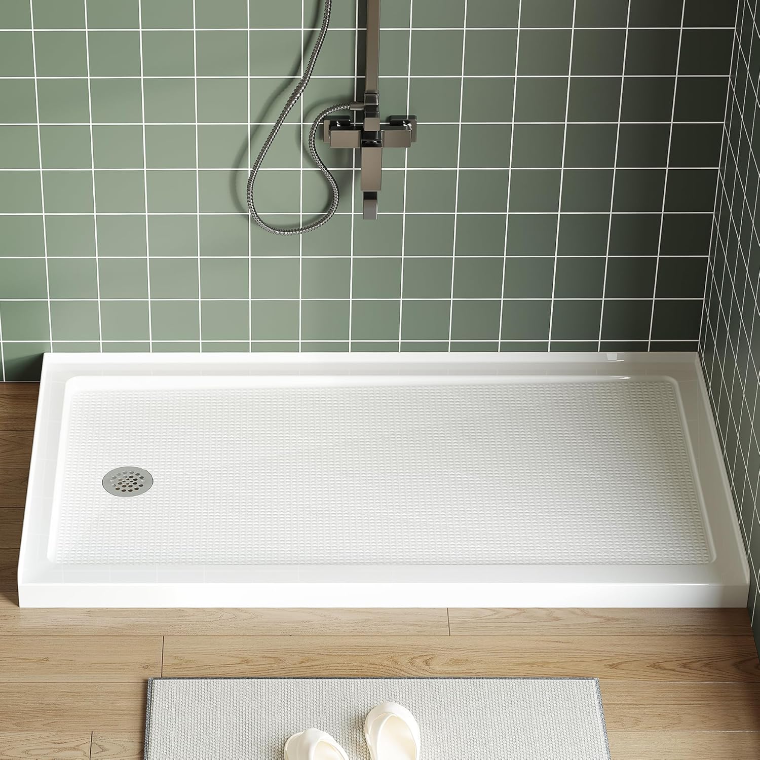 Qeetex CBDPTH-336USP6K Shower Base 60×32 inch with Left Drain Non-Slip Acrylic PVC Shower Pan with ABS Drain Kit and Stainless Cover Easy Install 3-Sided Flange for Bathroom Remodel