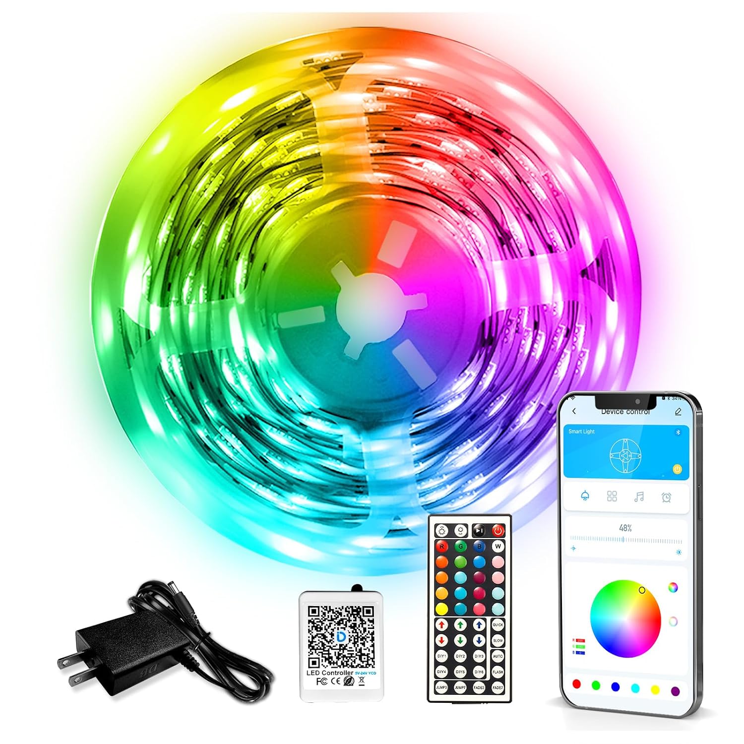 Segrass - 110 ft RGB LED Strip Lights with App and IR Remote Control Music Sync Color Changing Sm...