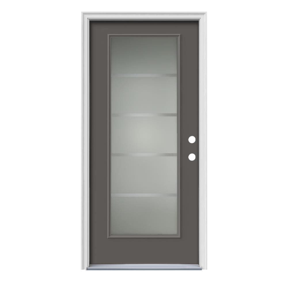 JELD-WEN LOWOLJW166501217 Crosslines 36-in x 80-in Steel Full Lite Left-Hand Inswing Timber Gray Painted Prehung Front Door with Brickmould Insulating Core