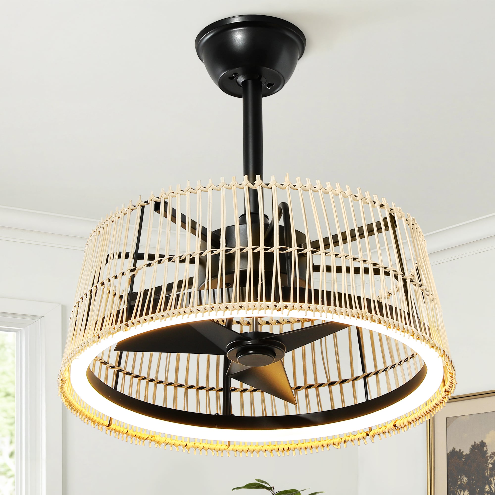 KAISITE 20 in Matte Black Rattan Caged LED Ceiling Fan with Light and Remote Control And 6-Speed Reversible Motor Industrial Farmhouse Style