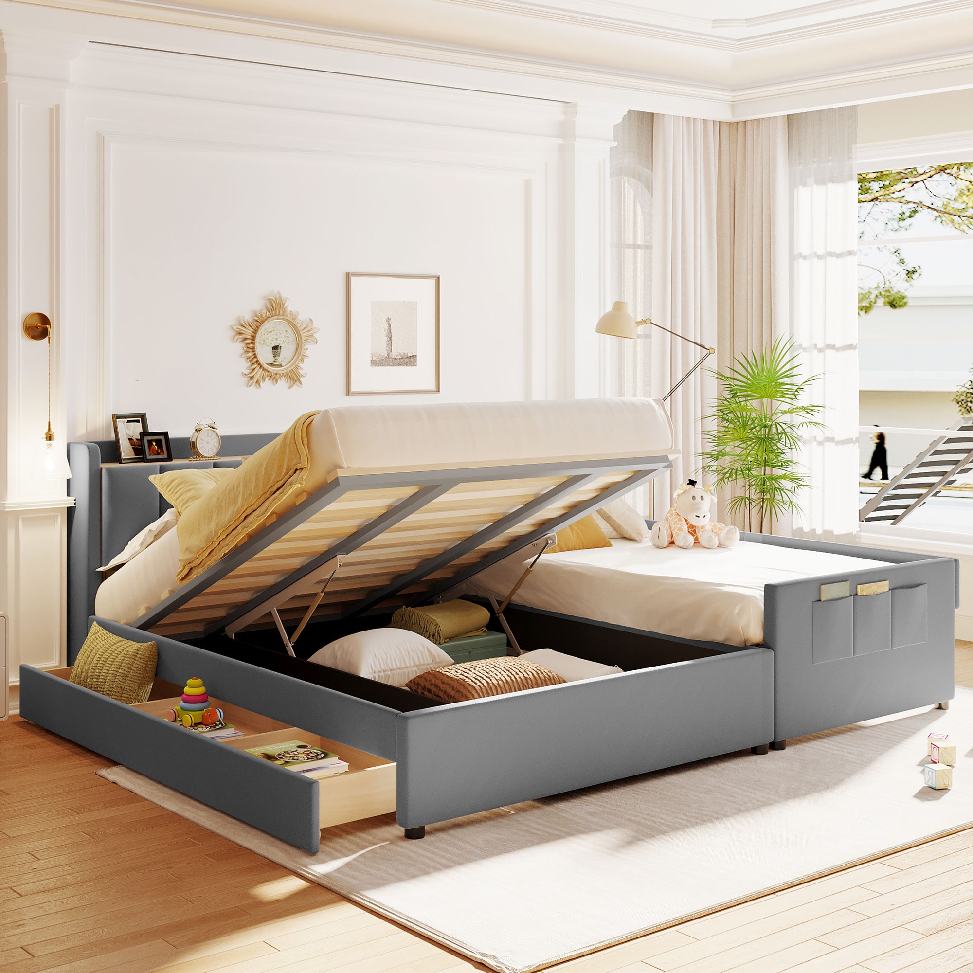 ModernLuxe L3P-SF000116AAE Queen Size  Twin XL Size Upholstered Platform Bed Mother  Child Bed with Hydraulic Storage System Drawer Box Bedhead storage shelf and Two pairs of sockets  USB Ports PU Leather Gray