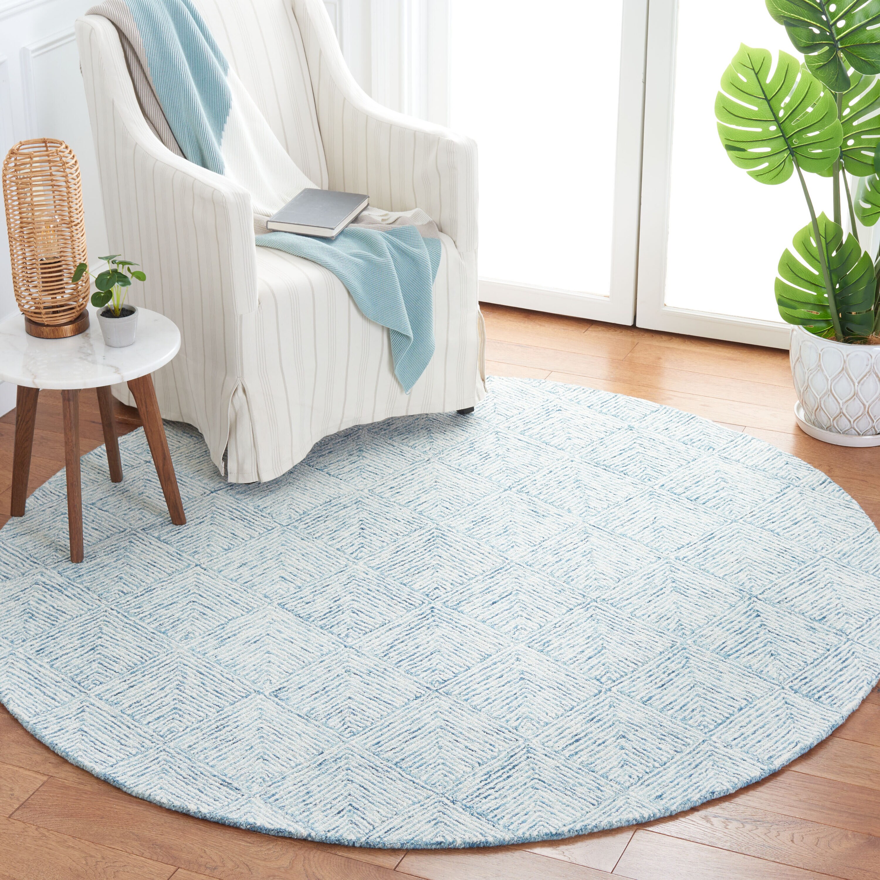  Abstract 428 Checkered Blue/Ivory Contemporary 6ft x 6ft Round Rug