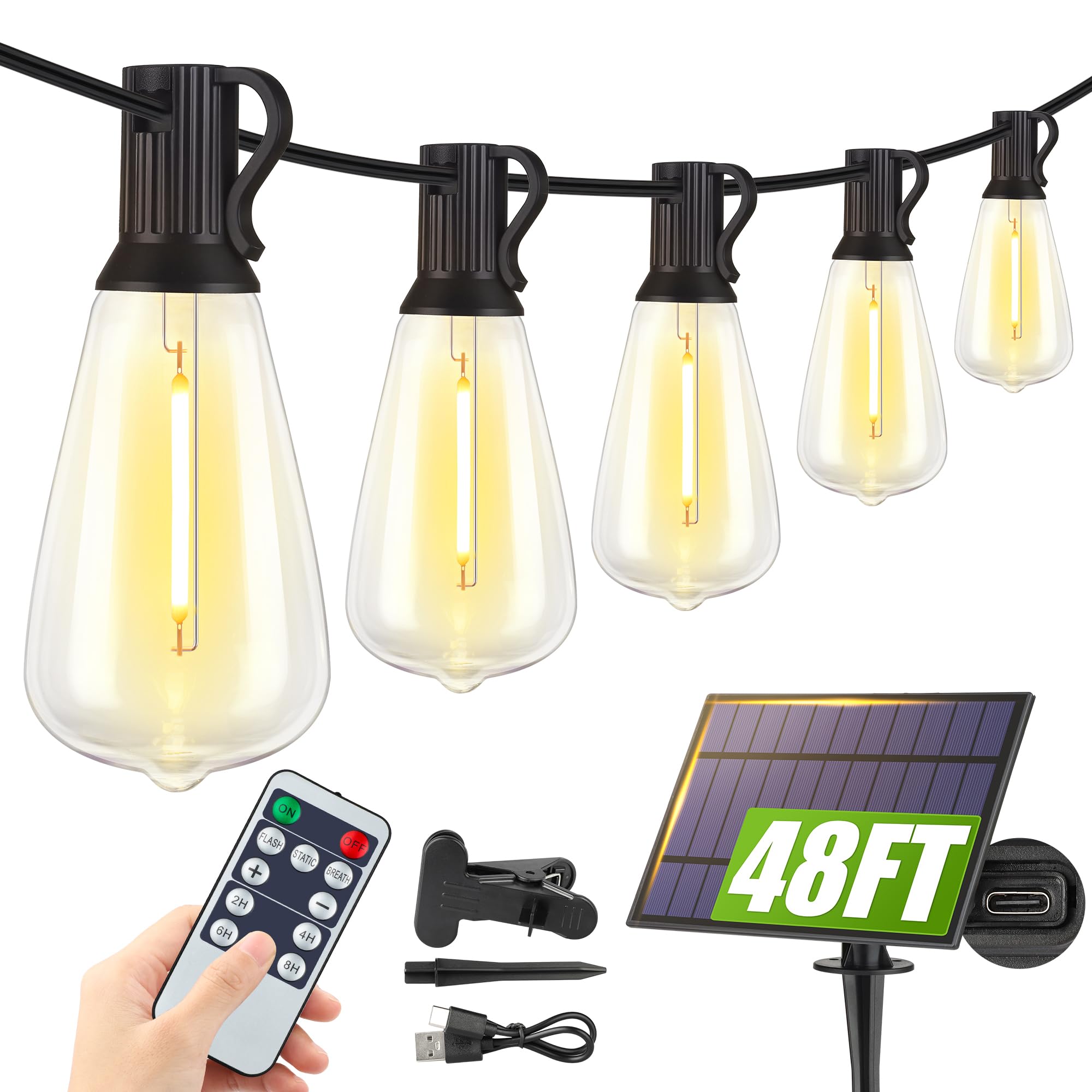 Phewnyzo  48FT Solar String Lights Outdoor with Remote Waterproof Dimmable Patio Lighting 15 LED ST38 Bulbs 3 Modes for Backyard Garden Balcony