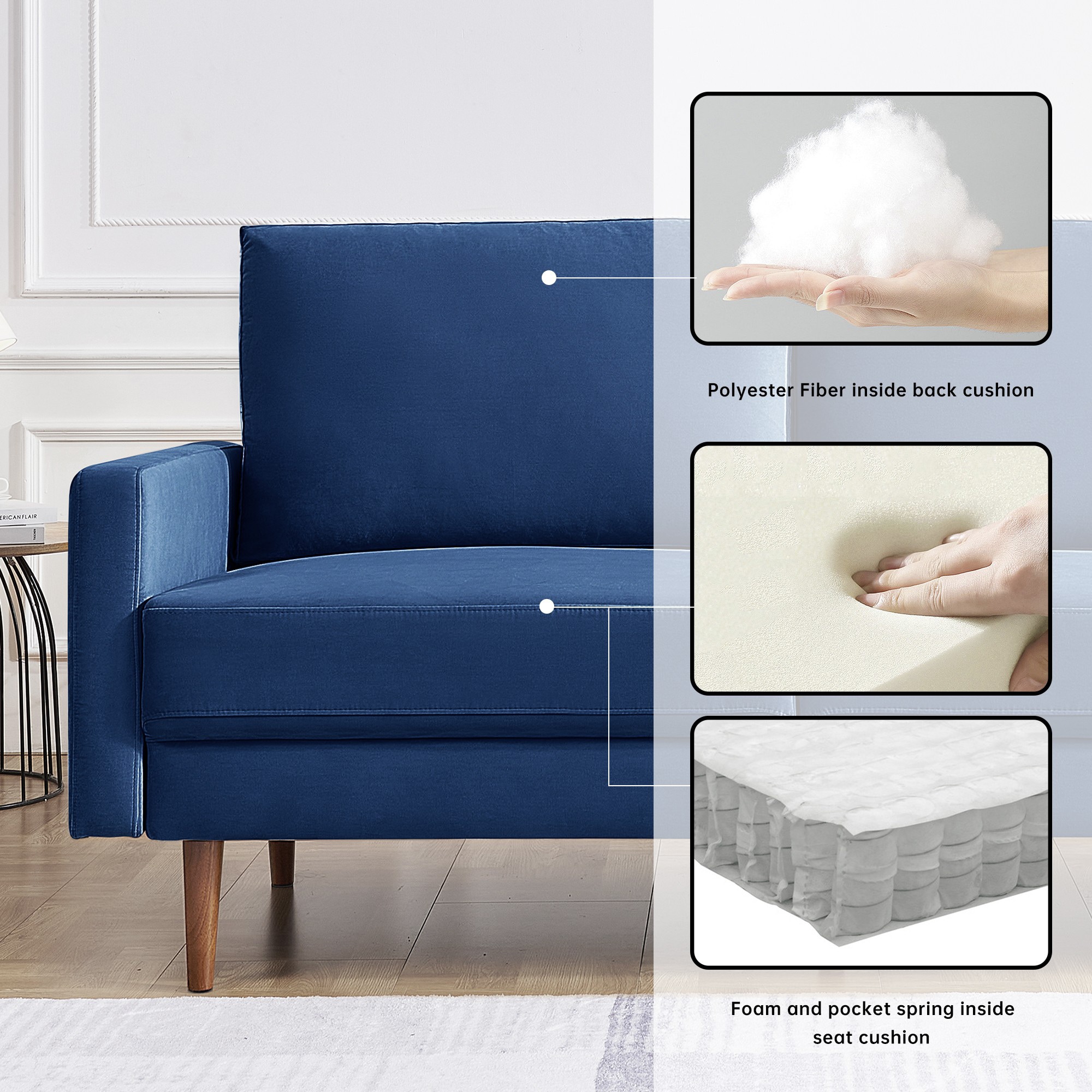 69 Inch Blue Velvet Sofa with Removable Cushions and Wood Legs