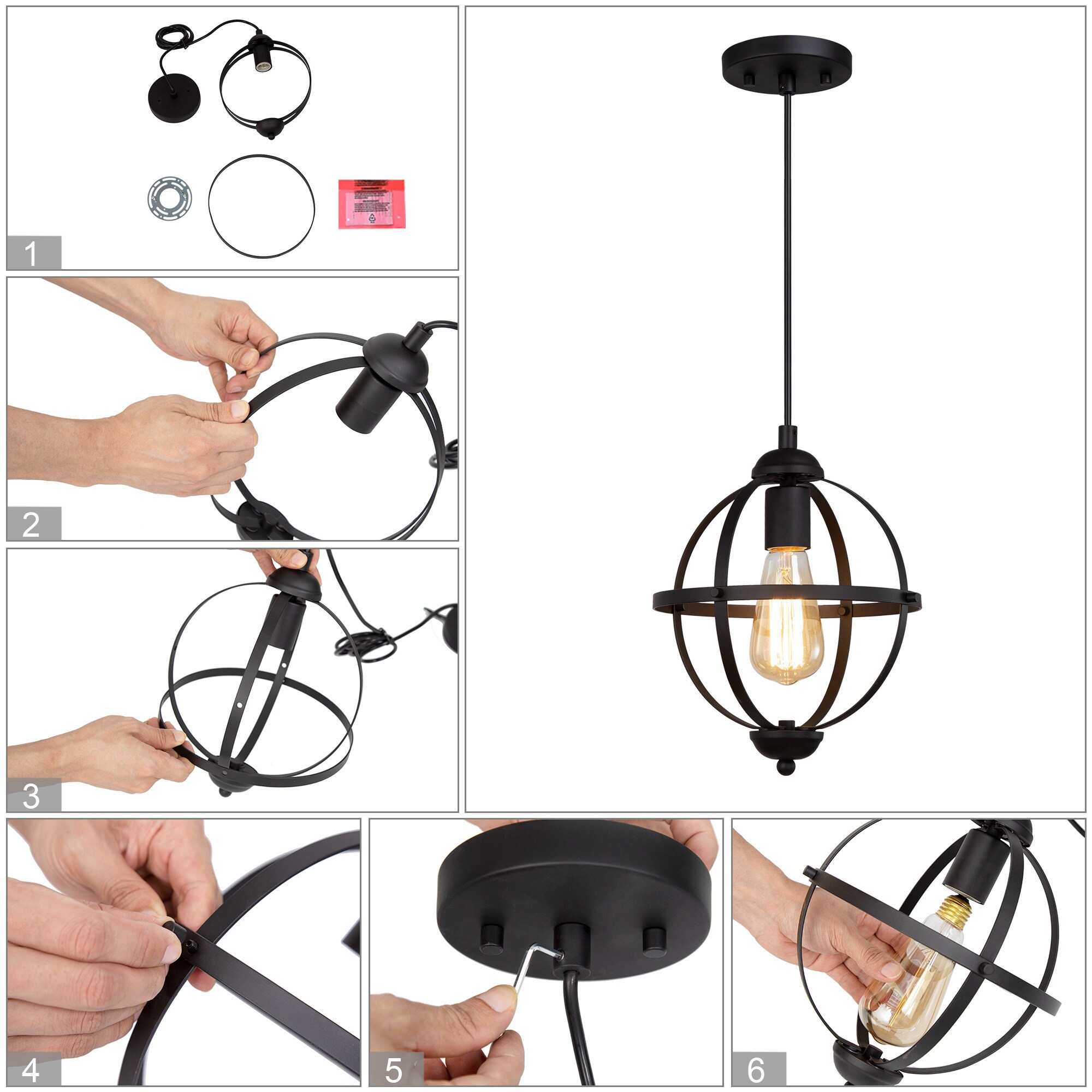 LNC Mocha Matte Black Cage Pendant Light Transitional Globe LED Mini ...