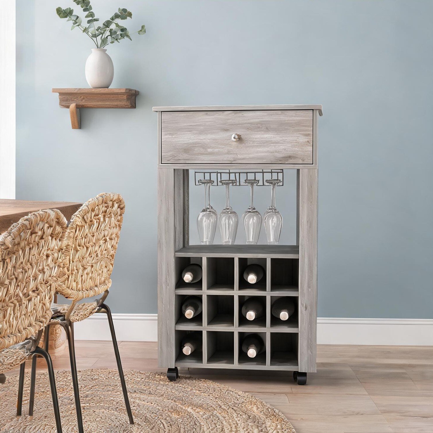 FlowLuxe Slate Gray Kitchen Bar Cart with Wine Storage Drawer and ...