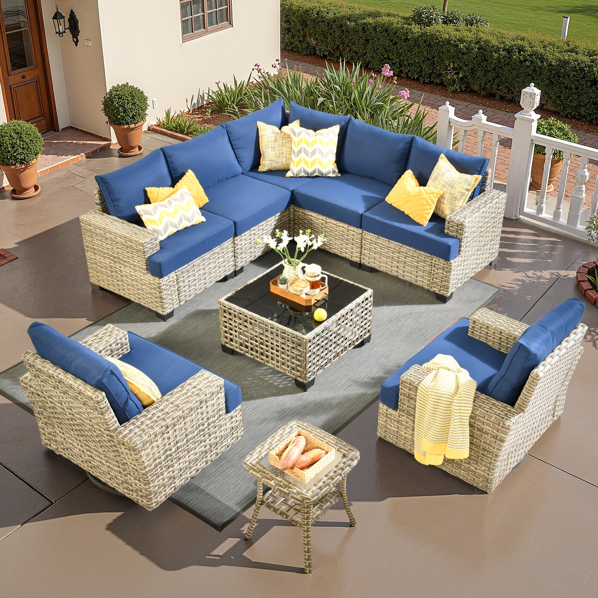 ALTRIGUS 6L-YZTBS7092-AL 9 -Piece Wicker Patio Sofa Conversation Set with Navy Cushions