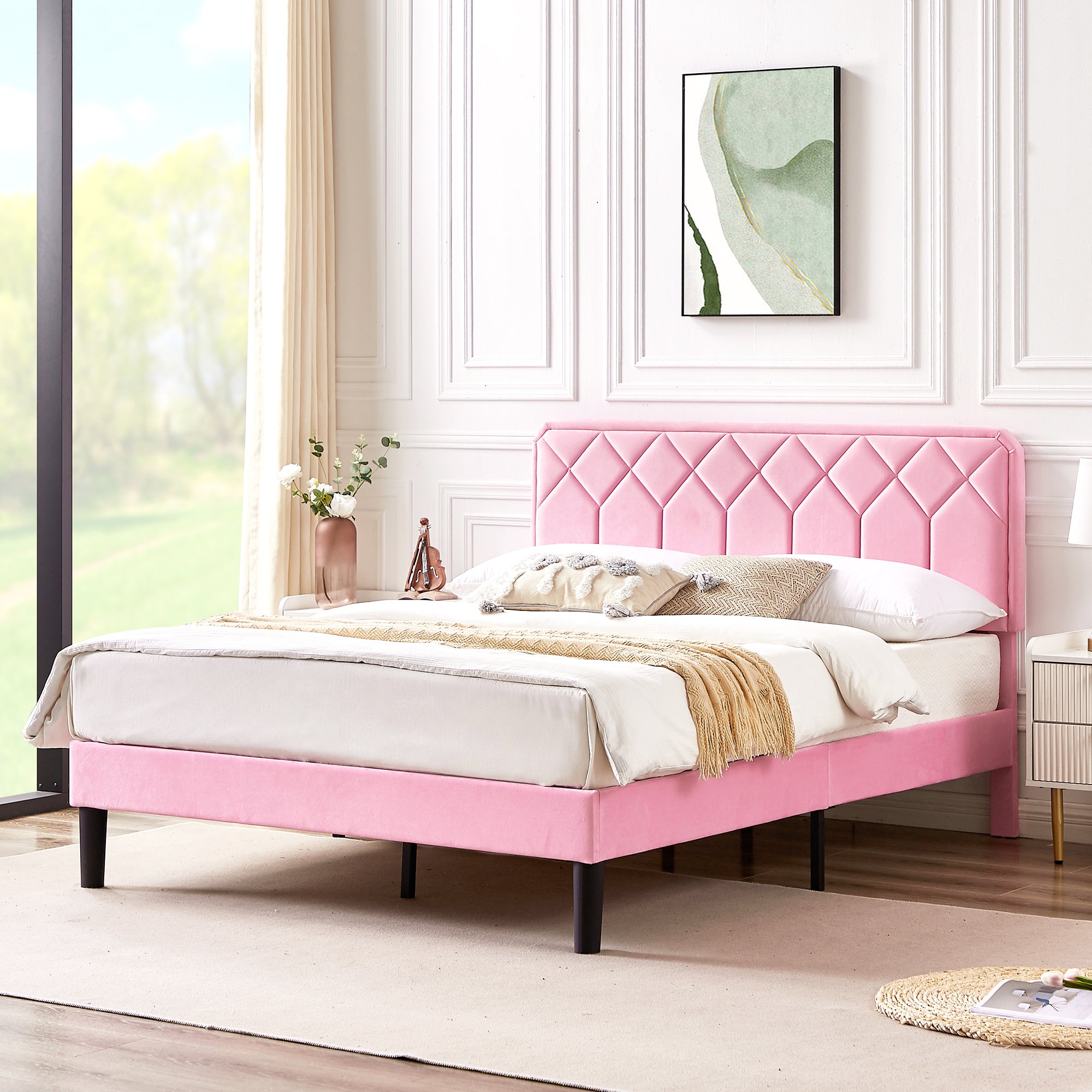 Vecelo LOE-CY-FB02-PNK Full Size Linen Upholstered Bed Frame with Adjustable Headboard Mattress Base Pink