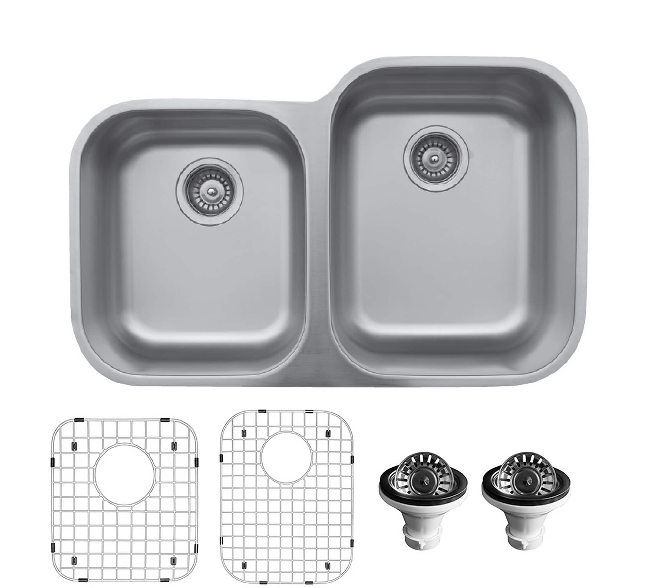CASAINC 32 in. Undermount Double Bowl 18 Gauge Brushed Stainless Steel Kitchen Sink with Bottom Grid and Basket Strainer