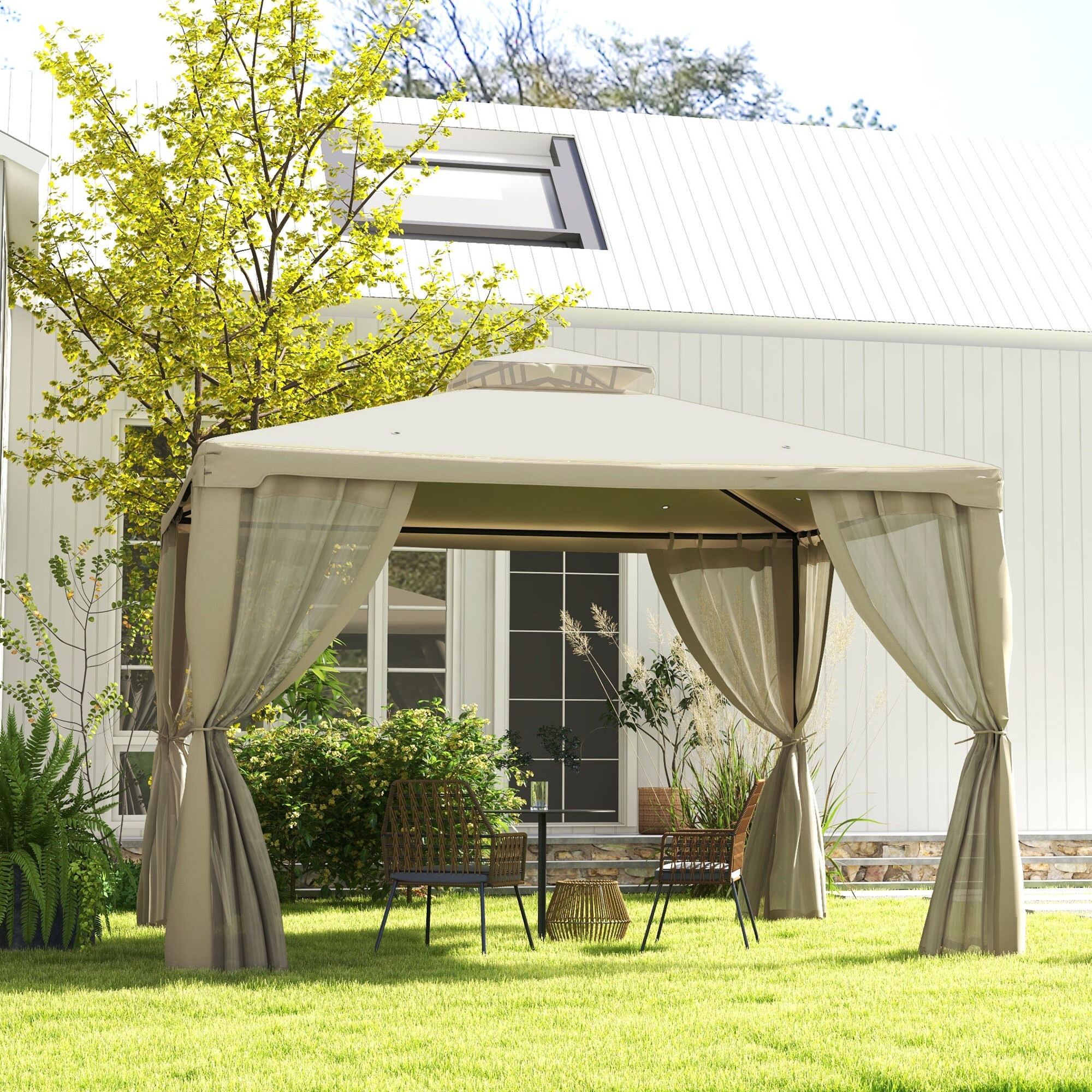 BABOOM BOM-8524ORUST 11-ft x 9-ft Cream White Rectangle Semi-permanent Grill Gazebo with Soft top Roof (Screen Included)