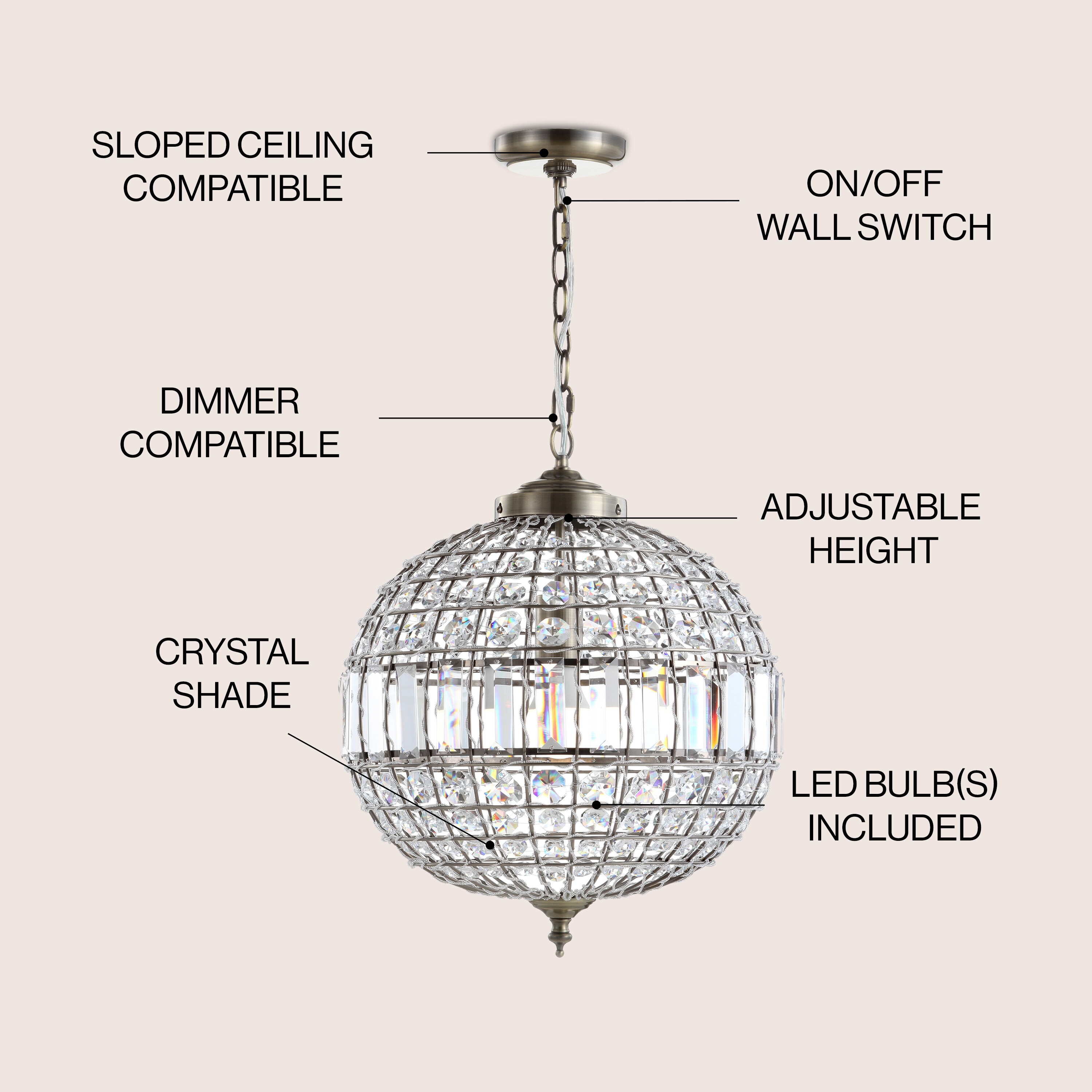 Georgina 16" Antique Brass Crystal LED Drum Pendant