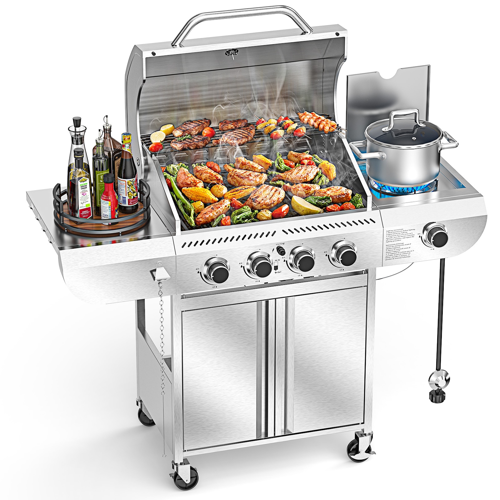 COWSAR LSG01GG41B Silver Stainless Steel 3 -Burner Liquid Propane Gas Grill 1 -Side Burner
