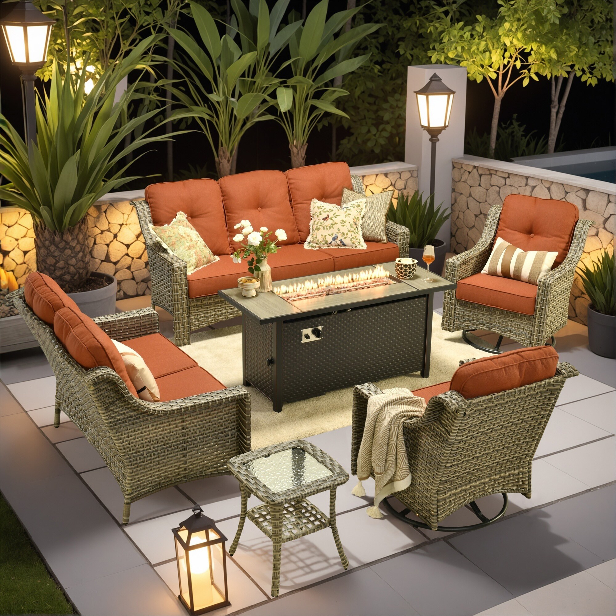 XIZZI XIPADF8C055-RC3IFP54 Pyrophyllite 6 -Piece Rattan Patio Sofa Conversation Set with Orange Cushions