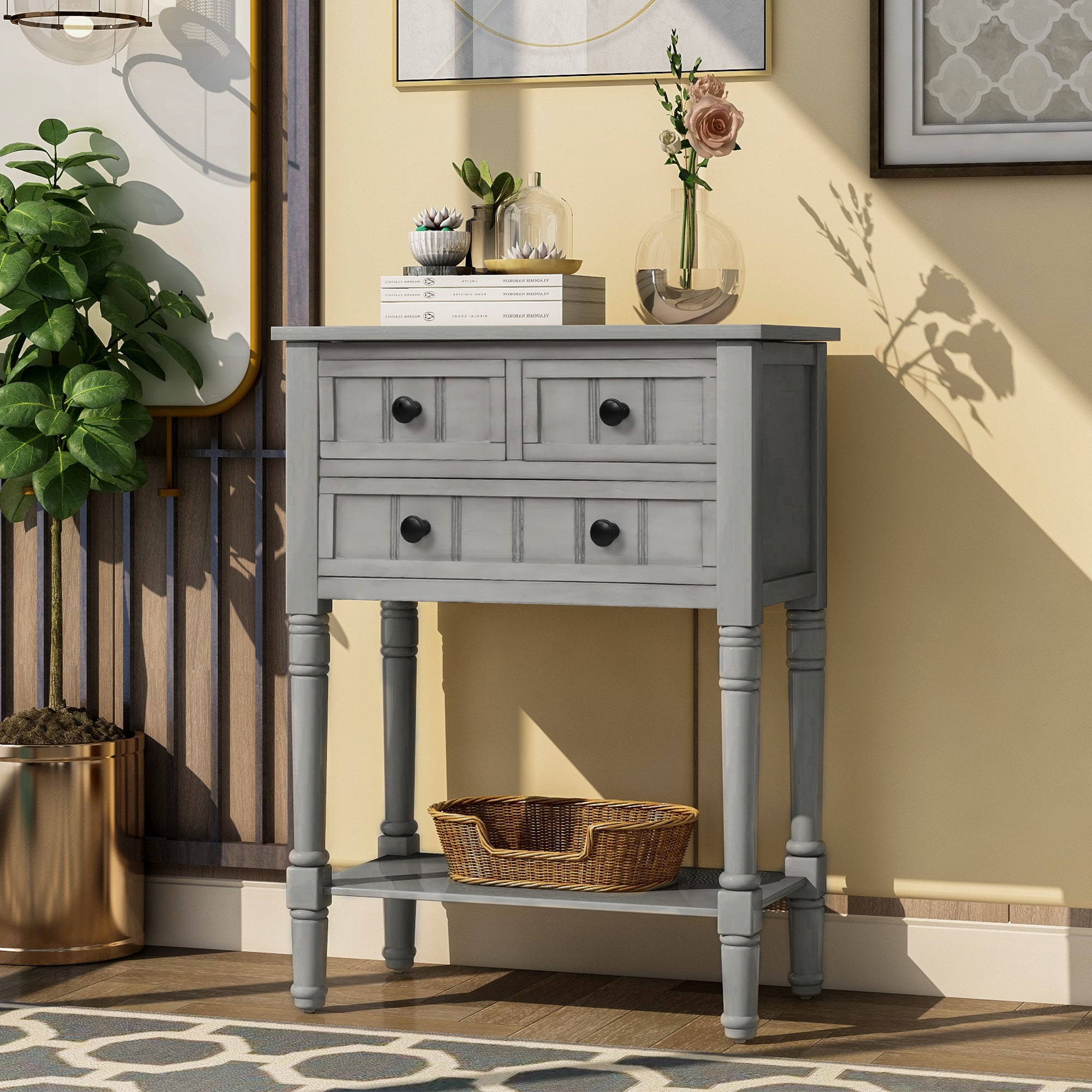ModernLuxe WF192646AAN Narrow Console Table Slim Sofa Table with Three Storage Drawers and Bottom Shelf for Living Room Easy Assembly Gray Wash