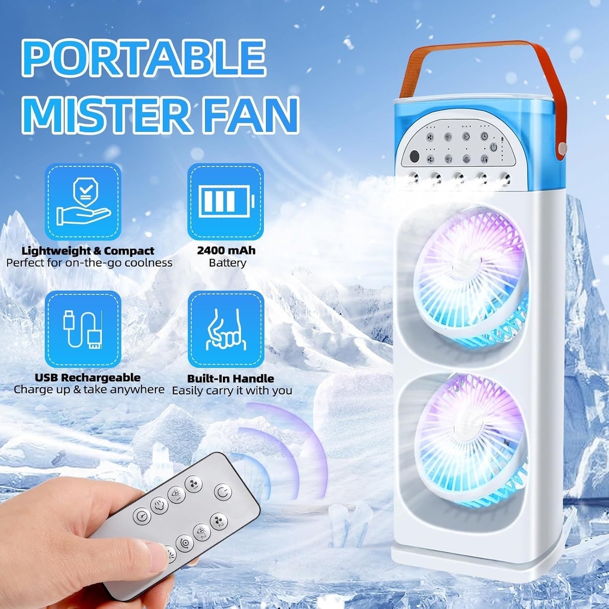 Ropilly  Portable Air Cooler Mister Fan Mini Air Conditioner Desktop Cooling Fan with Remote Control 3 Speeds 7 Color Light Timer