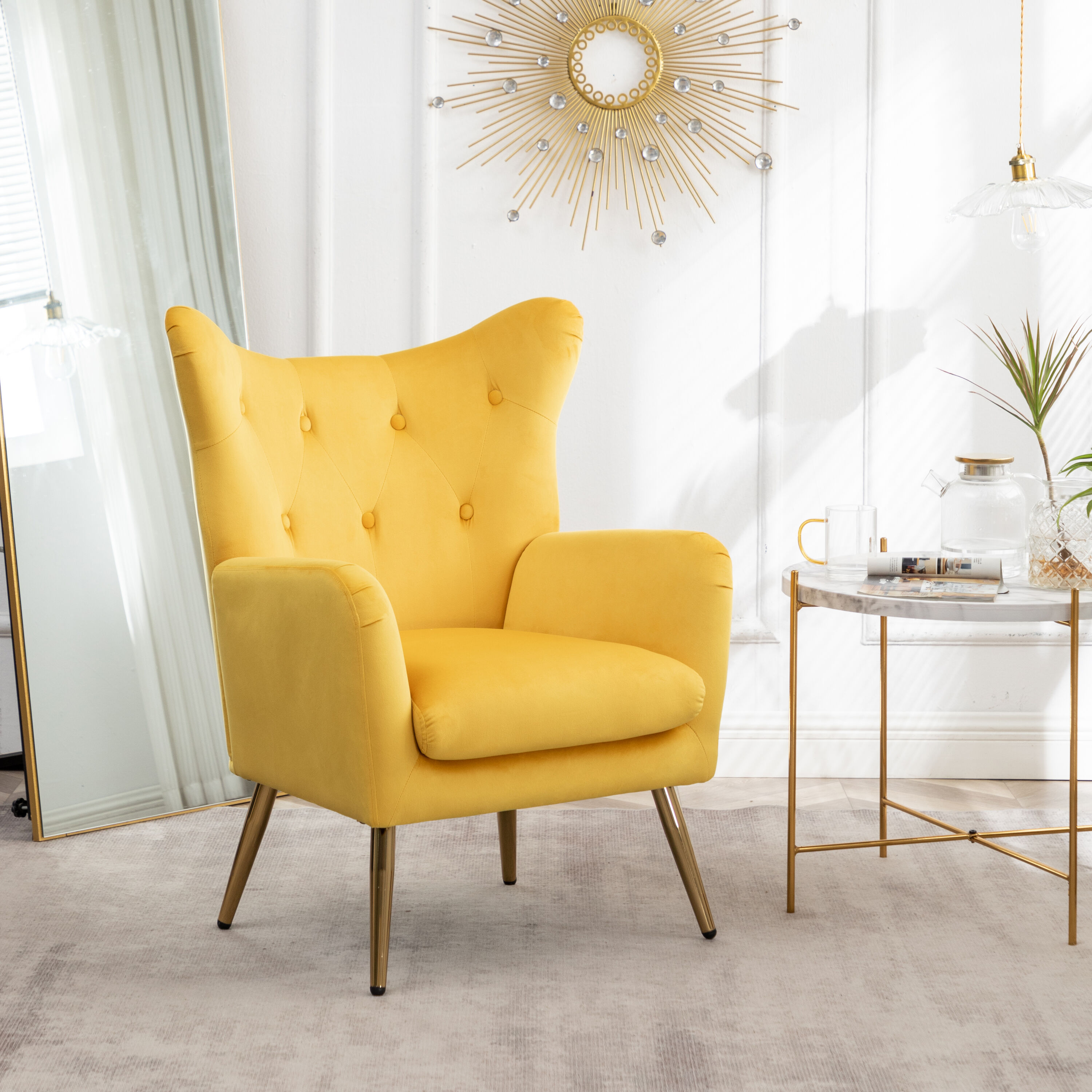 Roundhill Furniture AC005YL Sovarol 26.5-in W Modern Yellow Velvet Accent Armchair