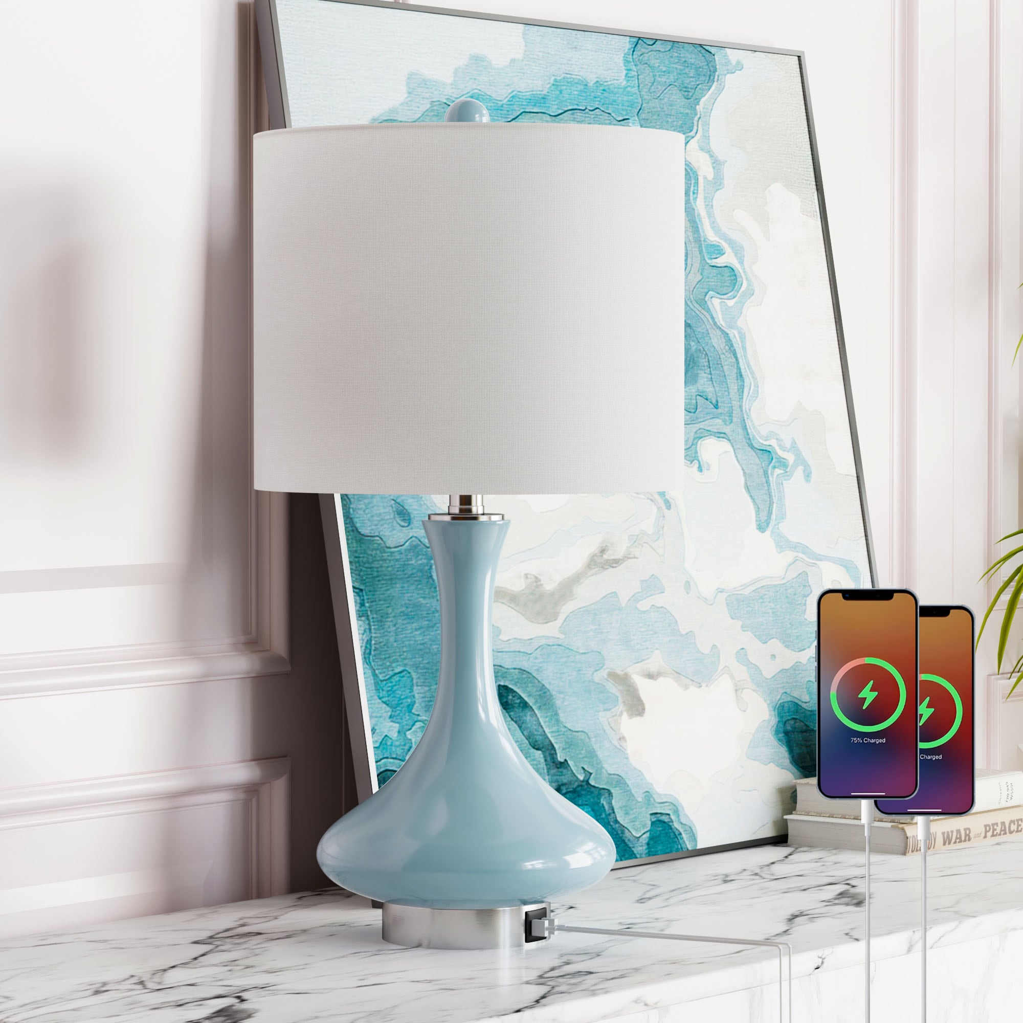 Maxax T252-BU-S Deluxe 23.5-Inches Brushed Nickel and Blue LED Incandescent Rotary socket Table Lamp with Linen Shade