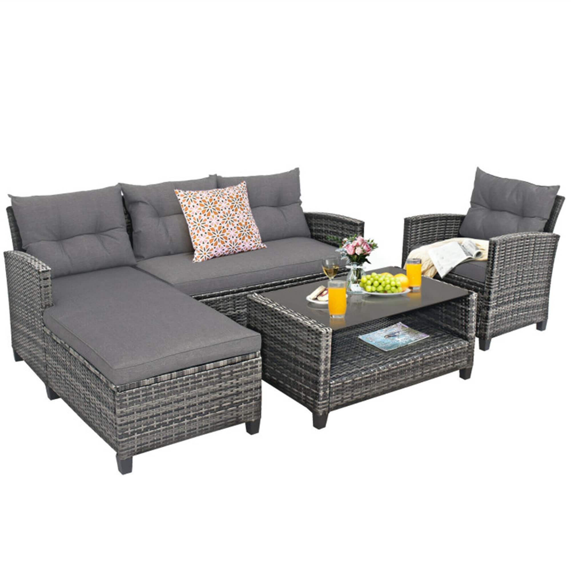 BABOOM BOM-0053ORTPX Patio Furniture Set 4 -Piece Rattan Patio Sofa Conversation Set with Gray Cushions