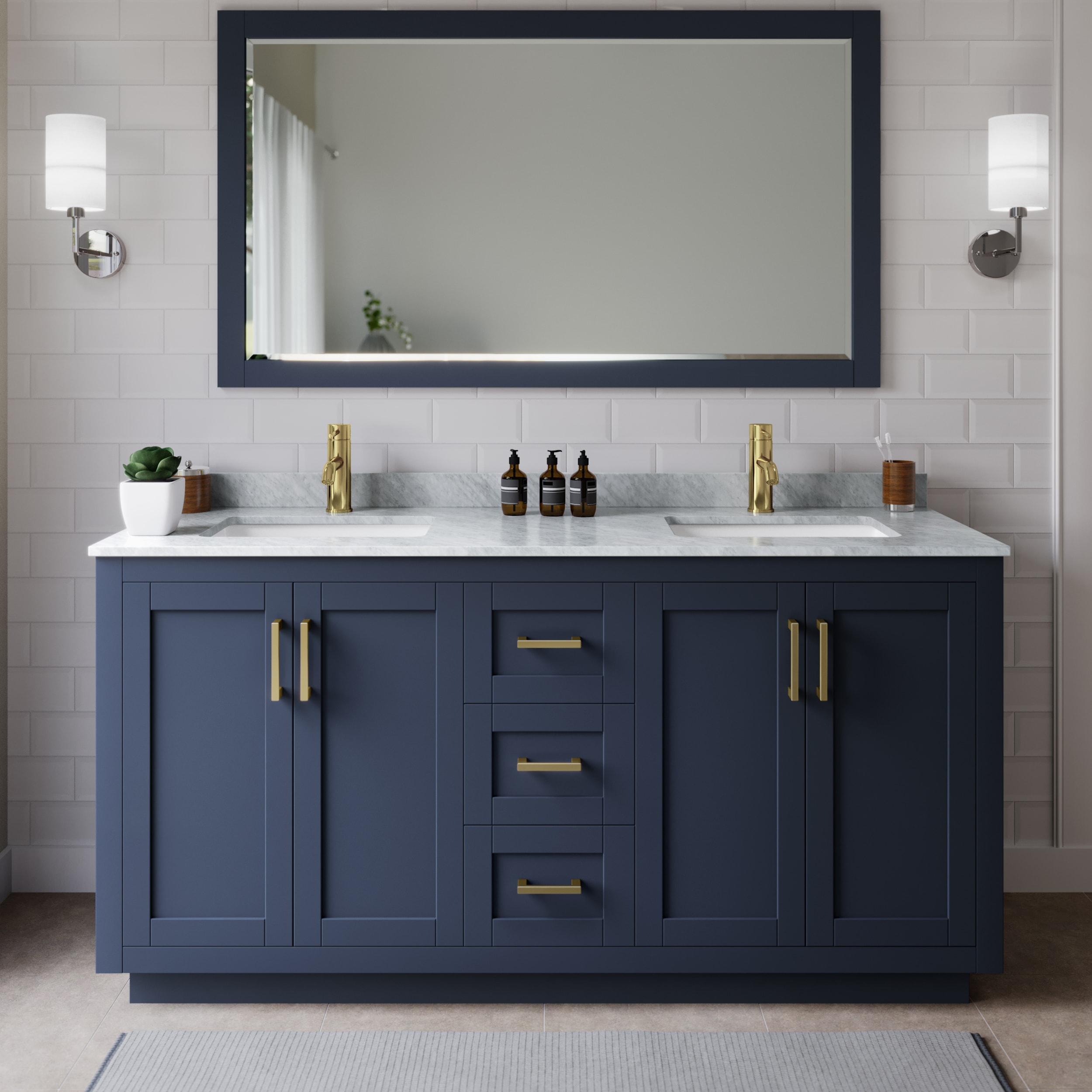 Wyndham Collection WCF292966DBLCMUNSM58 Miranda 66-in Dark Blue with Brushed Gold Trim Undermount Double sink Bathroom Vanity with White Carrara Marble Marble Top (Mirror Included)