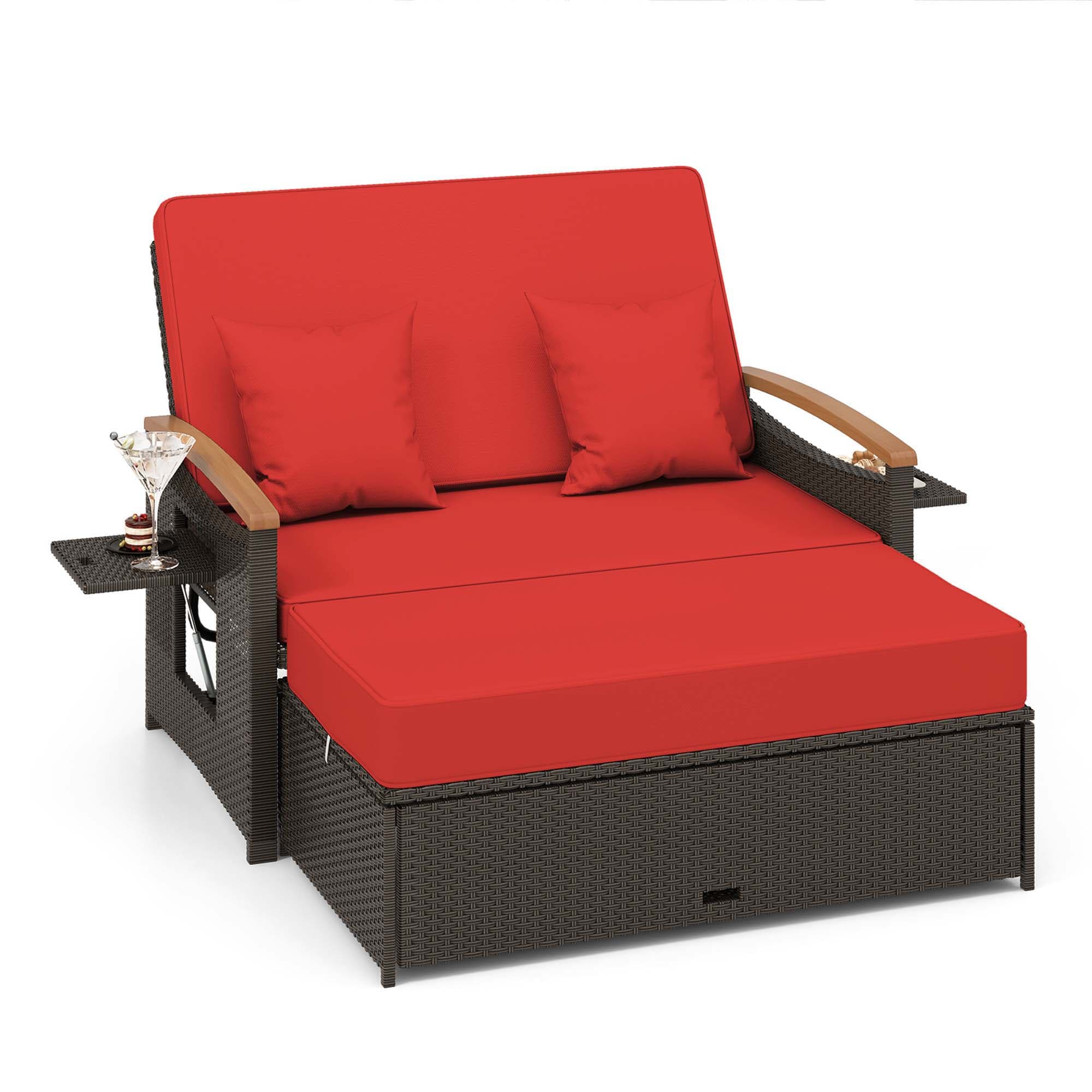 Costway LWS00075 Rattan Outdoor Daybed with Red Cushions and Rattan Frame