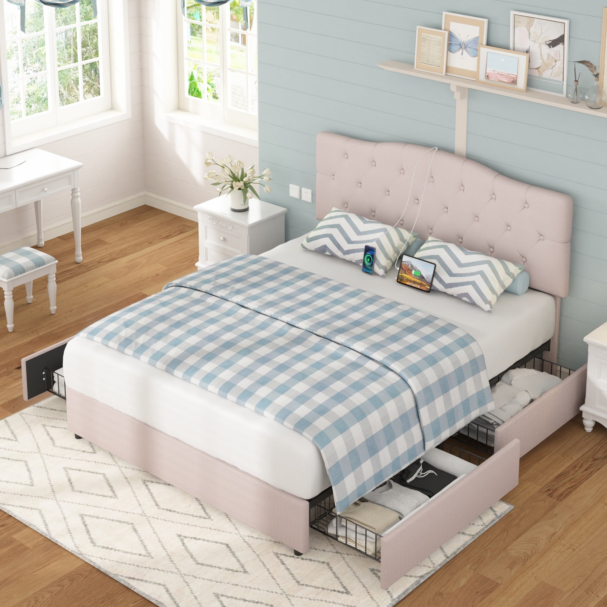 Vecelo LOE-RQ04-UP-BGE Queen Size Bed Frame with Storage Drawers and Charging Ports Upholstered Platform Bed Frame with Adjustable Headboard Beige